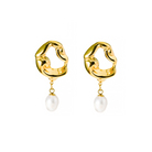 A pair of 18K gold-plated earrings featuring sculptural, wavy open-loop designs, adorned with dangling freshwater pearls for an artistic yet luxurious finish.