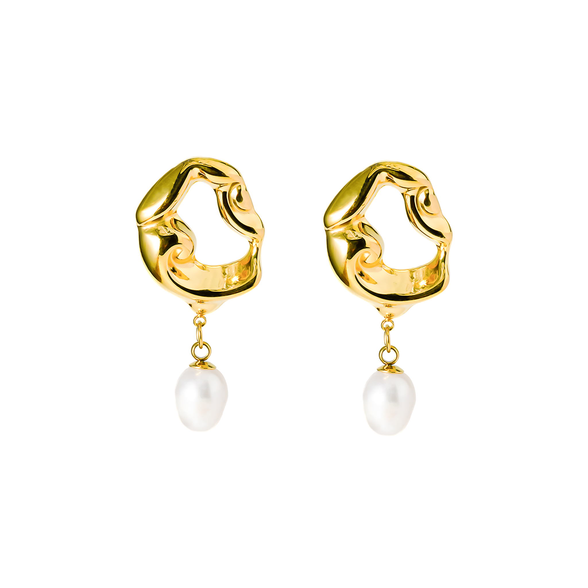A pair of 18K gold-plated earrings featuring sculptural, wavy open-loop designs, adorned with dangling freshwater pearls for an artistic yet luxurious finish.