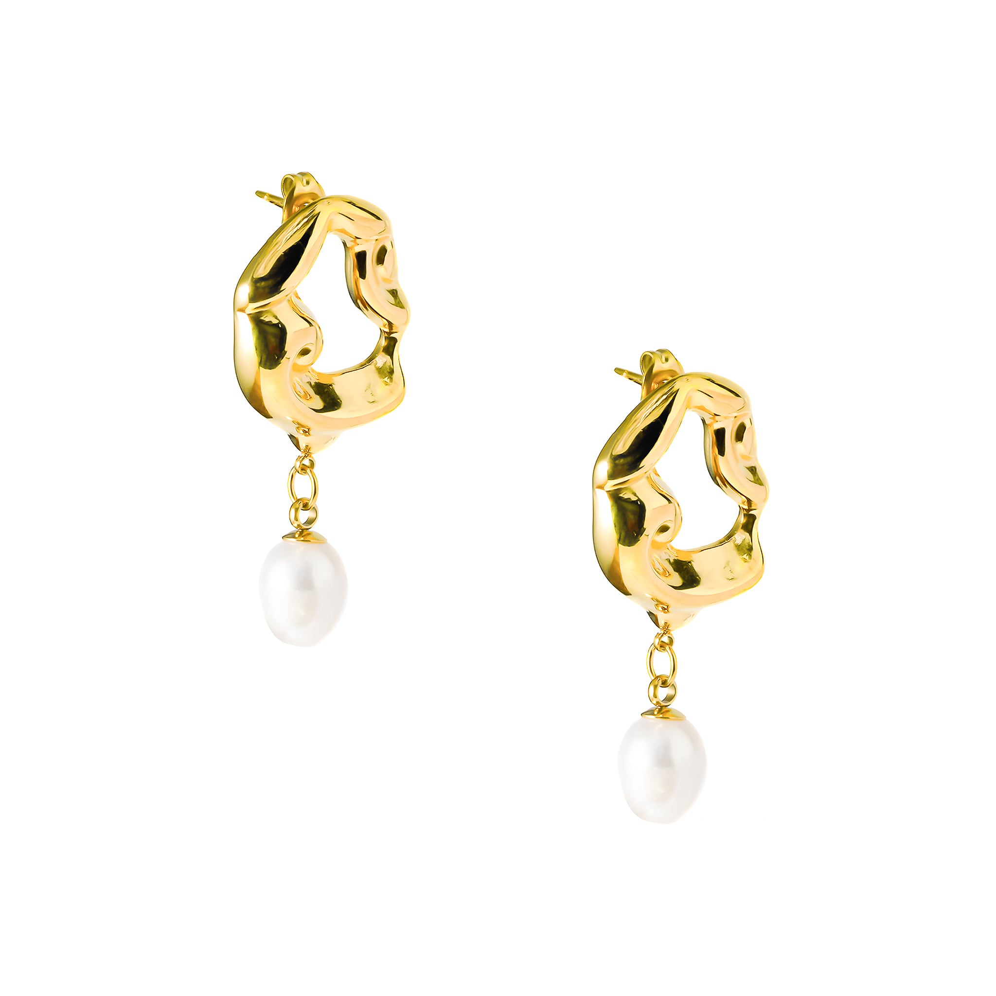 A pair of 18K gold-plated earrings featuring sculptural, wavy open-loop designs, adorned with dangling freshwater pearls for an artistic yet luxurious finish.