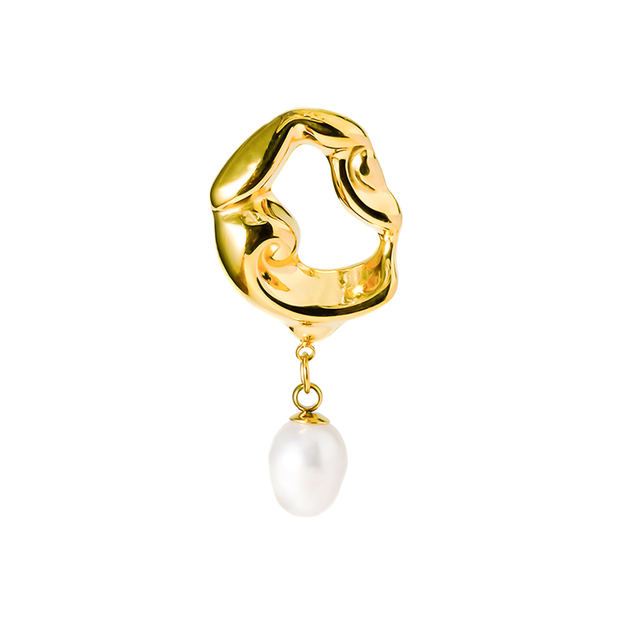 A pair of 18K gold-plated earrings featuring sculptural, wavy open-loop designs, adorned with dangling freshwater pearls for an artistic yet luxurious finish.