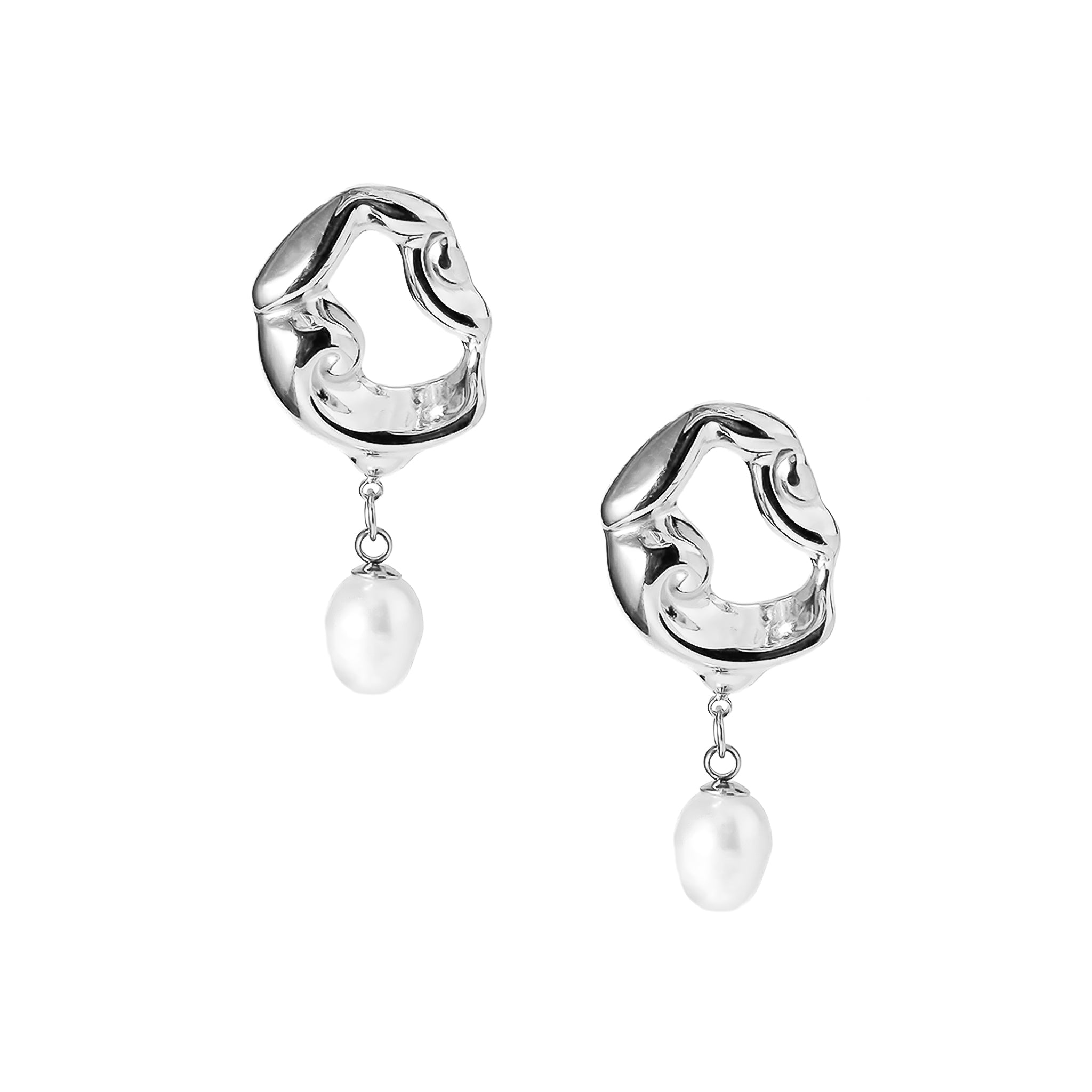 A pair of silver-plated earrings featuring sculptural, wavy open-loop designs, adorned with dangling freshwater pearls for an artistic yet luxurious finish.
