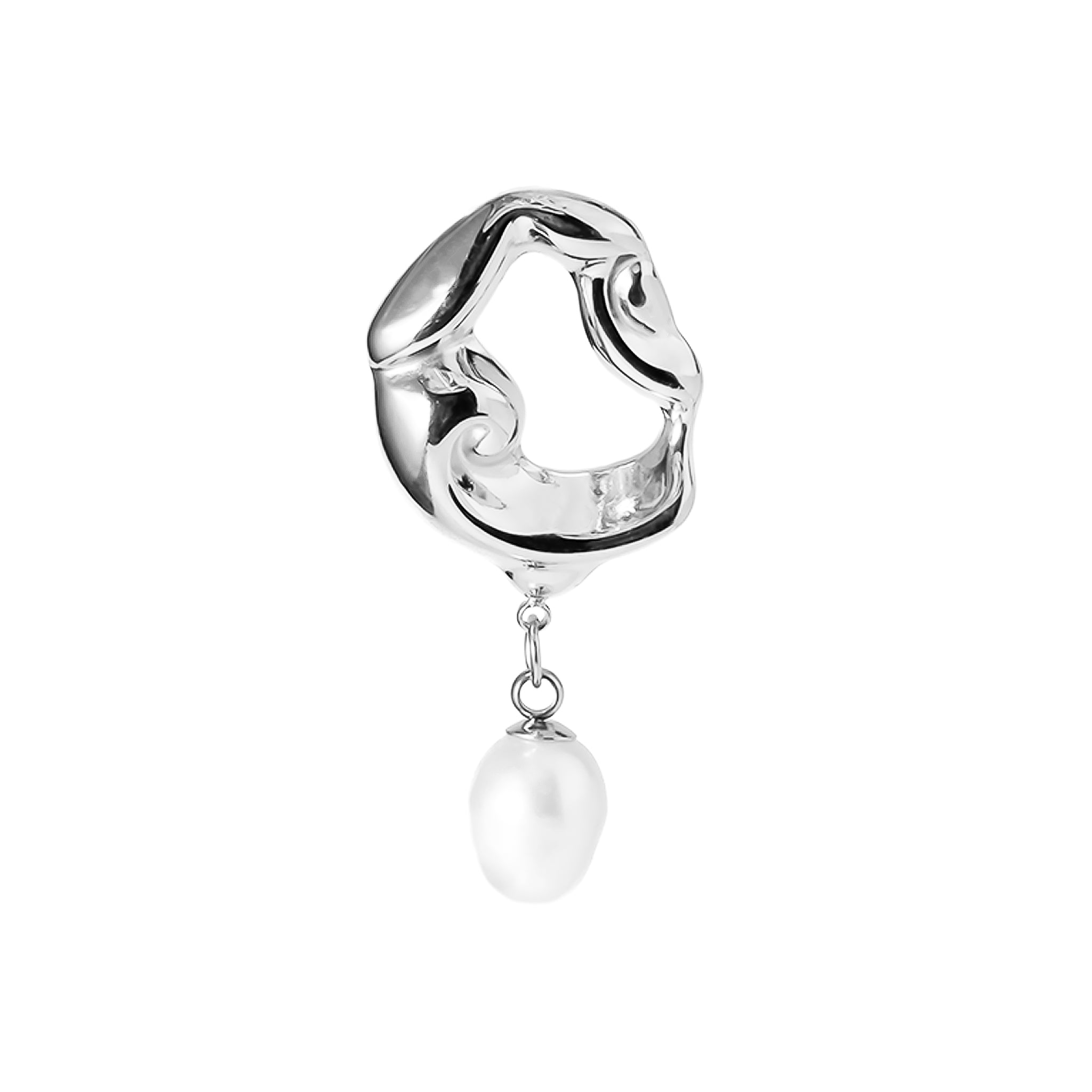 A silver-plated earrings featuring sculptural, wavy open-loop designs, adorned with dangling freshwater pearls for an artistic yet luxurious finish.