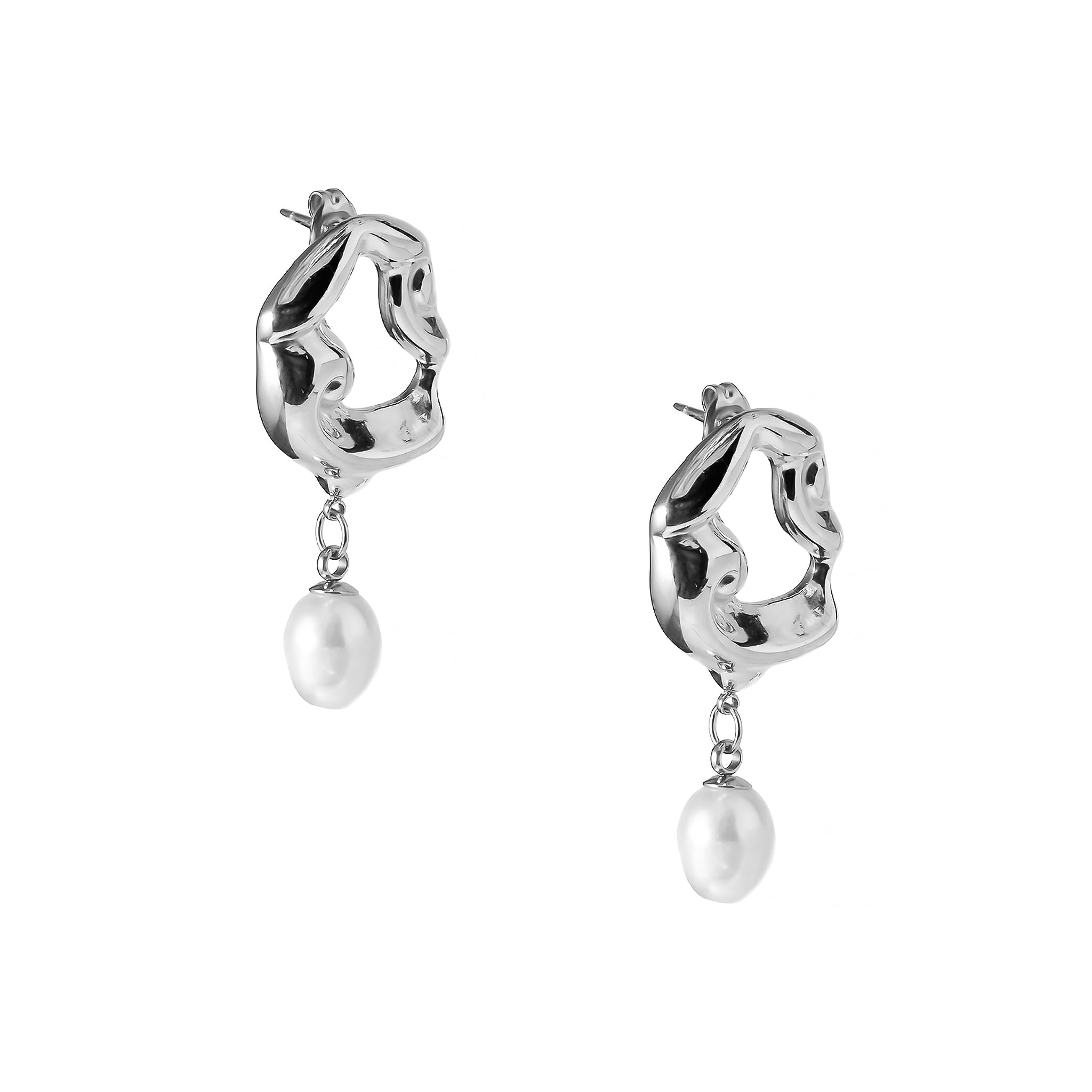 A pair of silver-plated earrings featuring sculptural, wavy open-loop designs, adorned with dangling freshwater pearls for an artistic yet luxurious finish.
