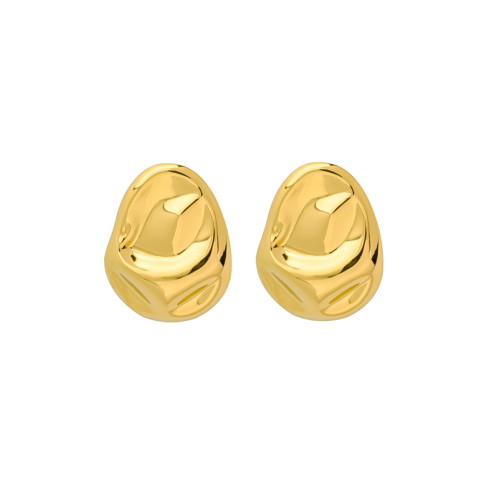 Model wearing the 18K gold-plated organic-shaped stud earrings, paired with a white blazer, highlighting their statement design and sophisticated aesthetic.