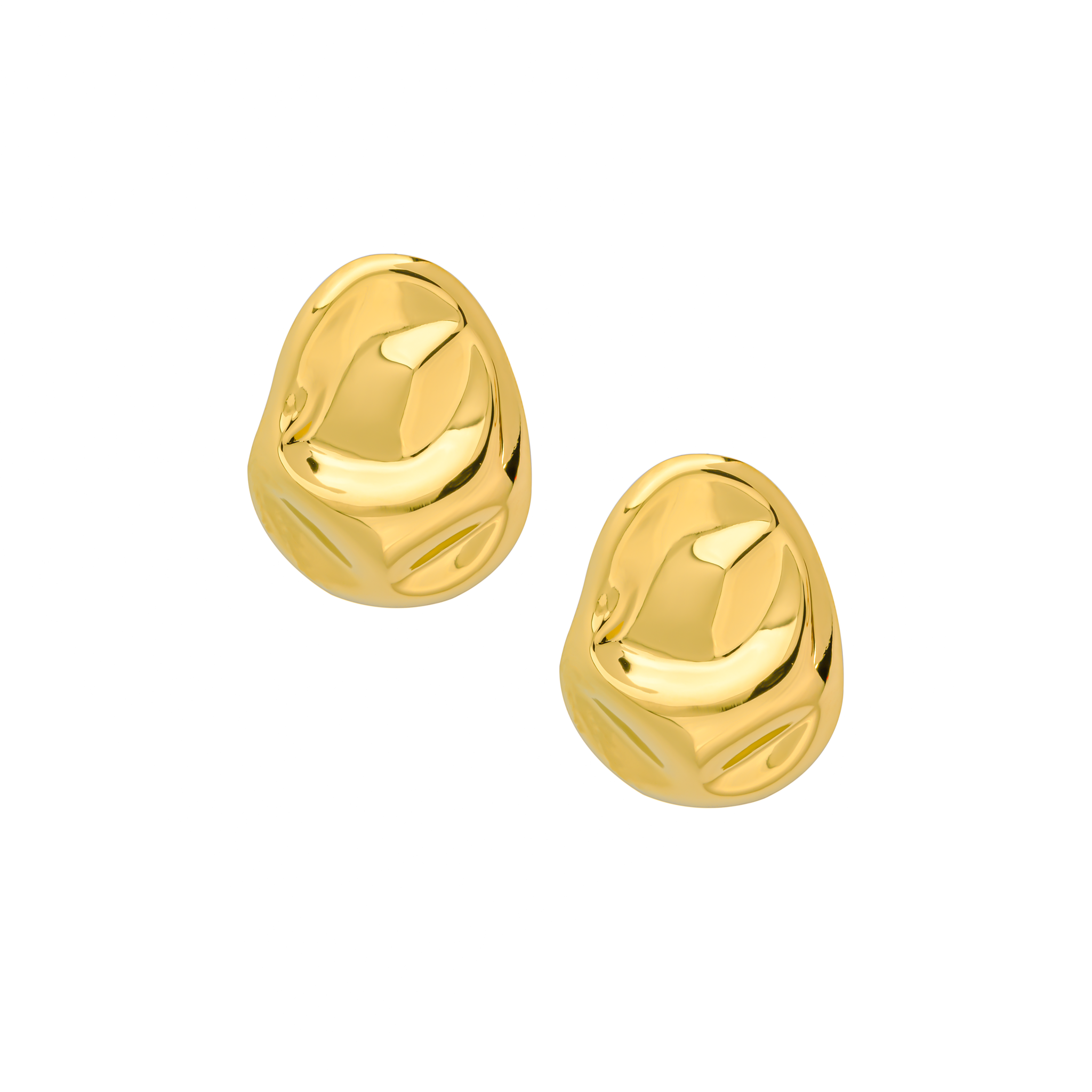 Model wearing the 18K gold-plated organic-shaped stud earrings, paired with a white blazer, highlighting their statement design and sophisticated aesthetic.