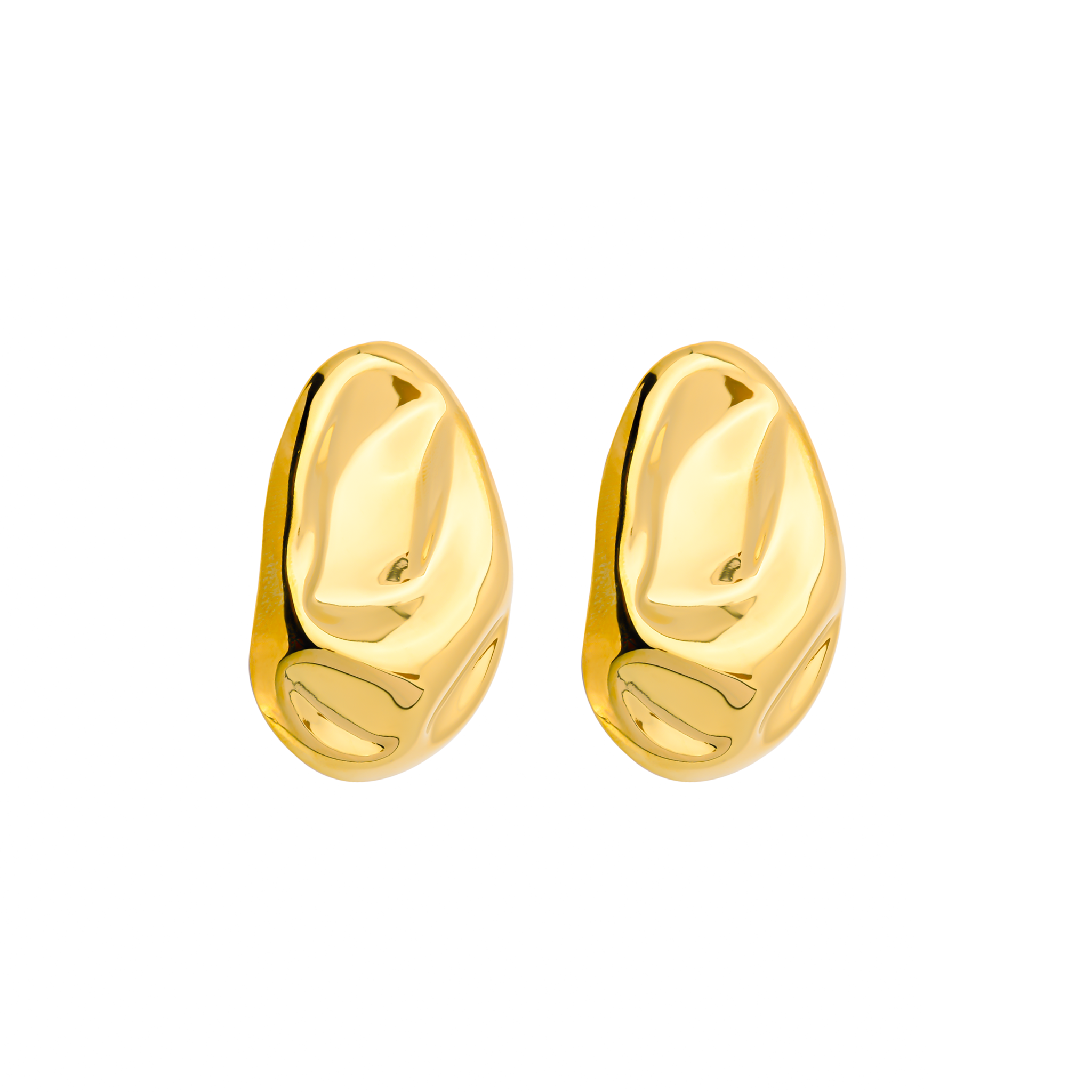 Model wearing the 18K gold-plated organic-shaped stud earrings, paired with a white blazer, highlighting their statement design and sophisticated aesthetic.