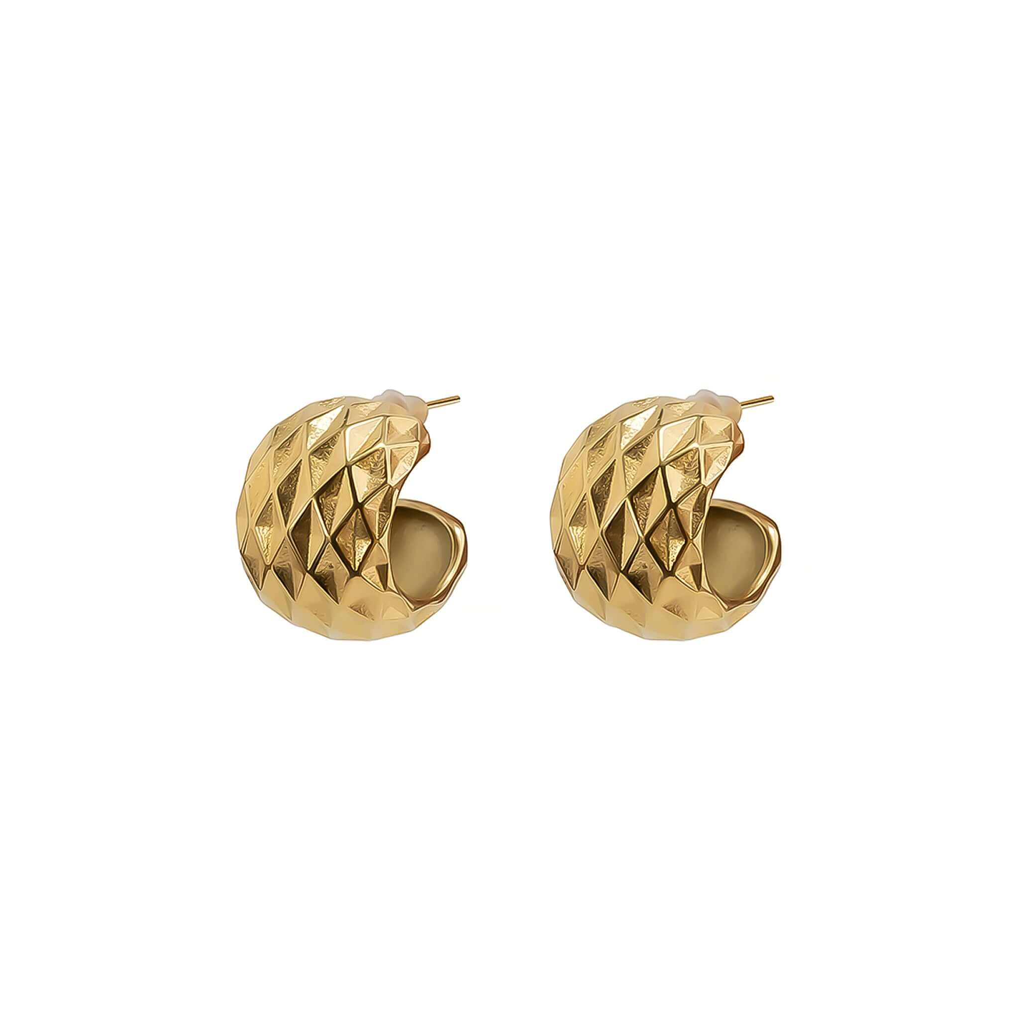 18K gold-plated textured hoop earrings featuring a diamond-patterned surface, delivering a modern statement look with luxurious shine.