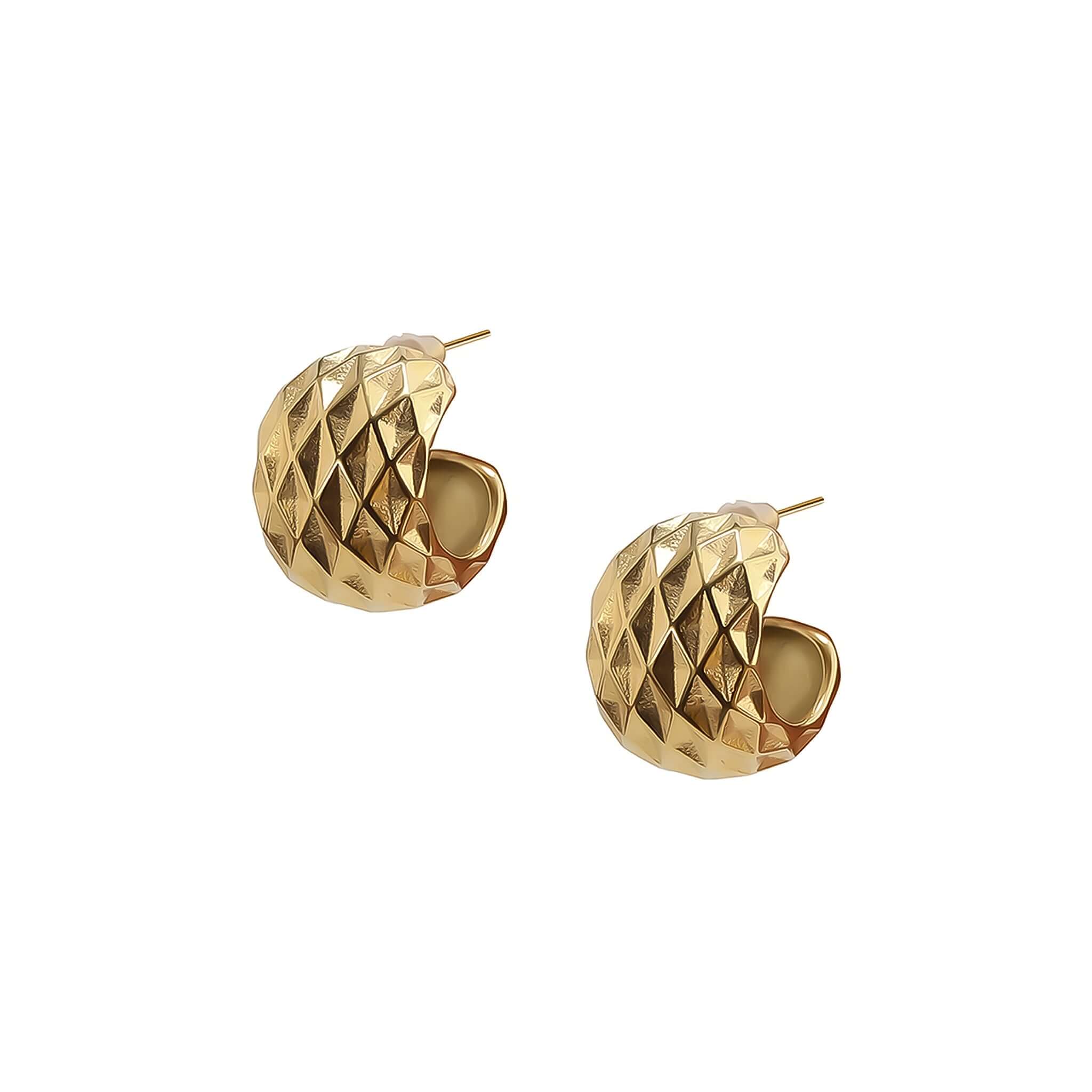 18K gold-plated textured hoop earrings featuring a diamond-patterned surface, delivering a modern statement look with luxurious shine.