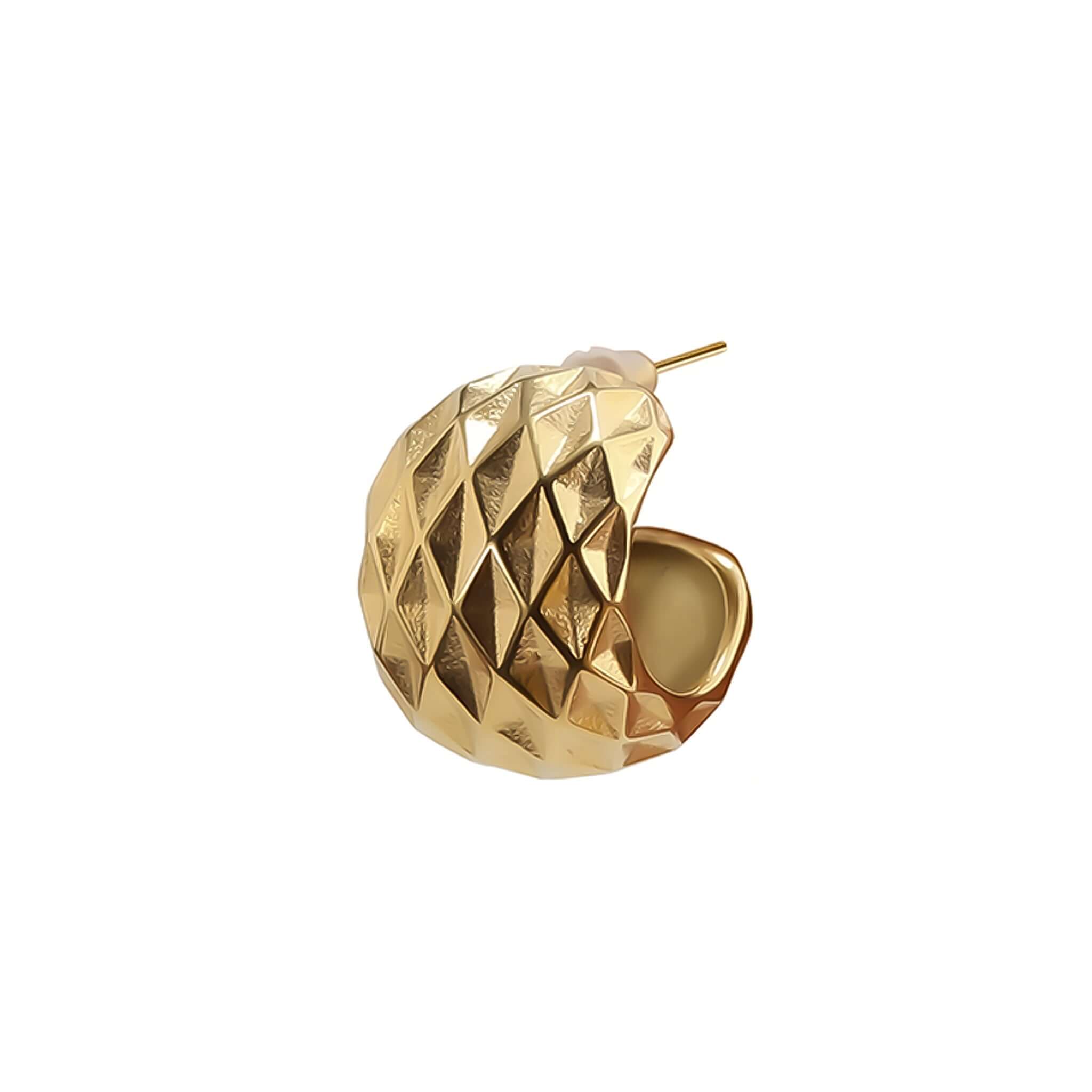 18K gold-plated textured hoop earrings featuring a diamond-patterned surface, delivering a modern statement look with luxurious shine.