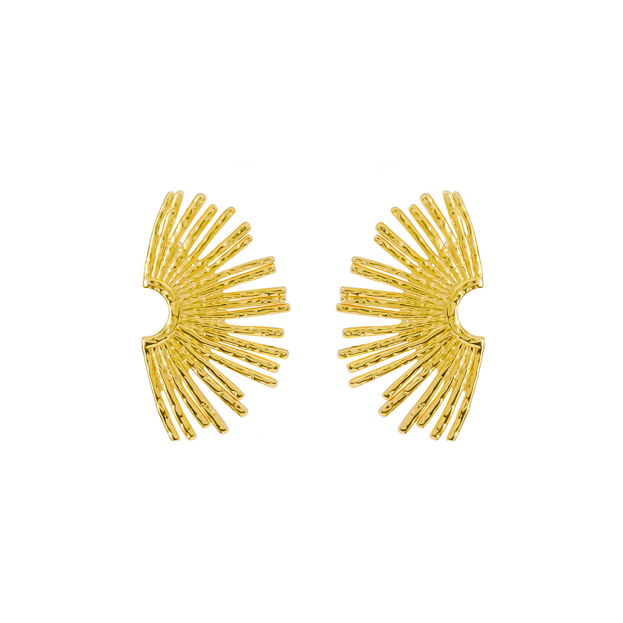 18K gold-plated statement earrings featuring a radiant fan-shaped design with intricate detailing, creating a bold and artistic look.