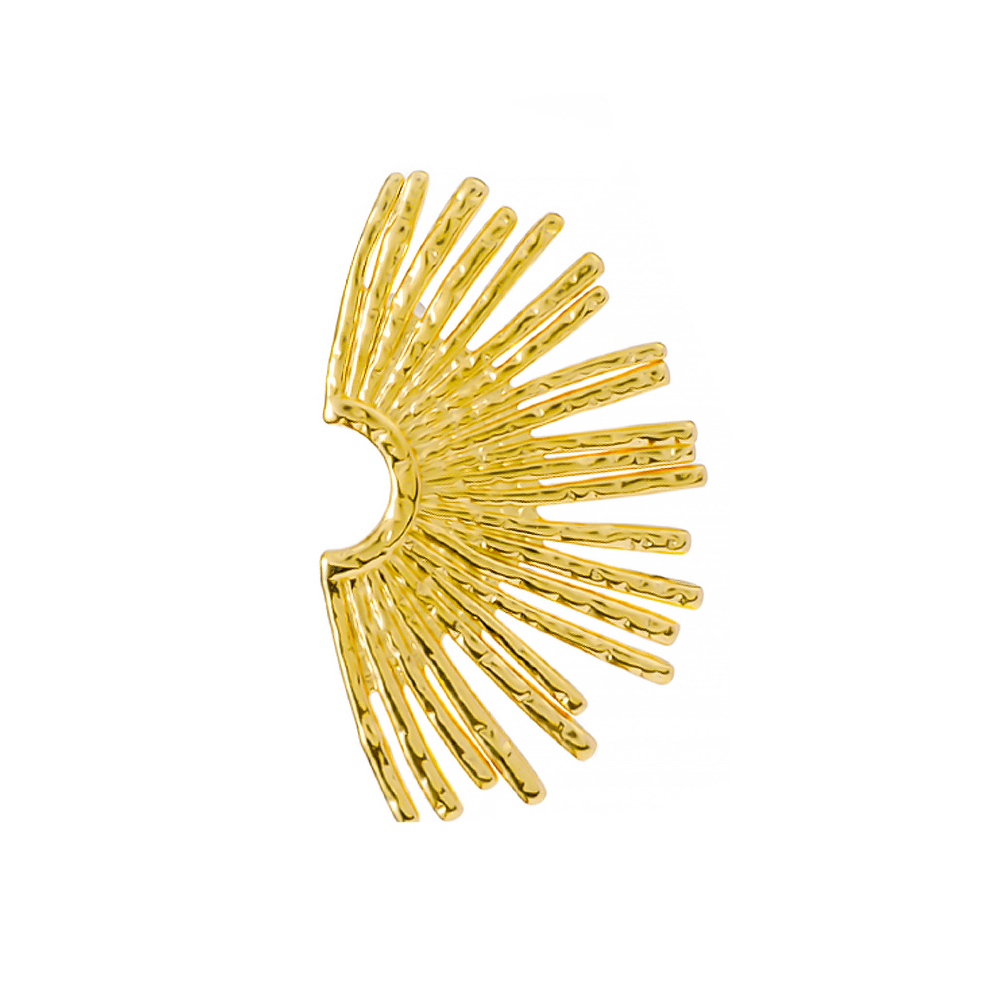 18K gold-plated statement earrings featuring a radiant fan-shaped design with intricate detailing, creating a bold and artistic look.