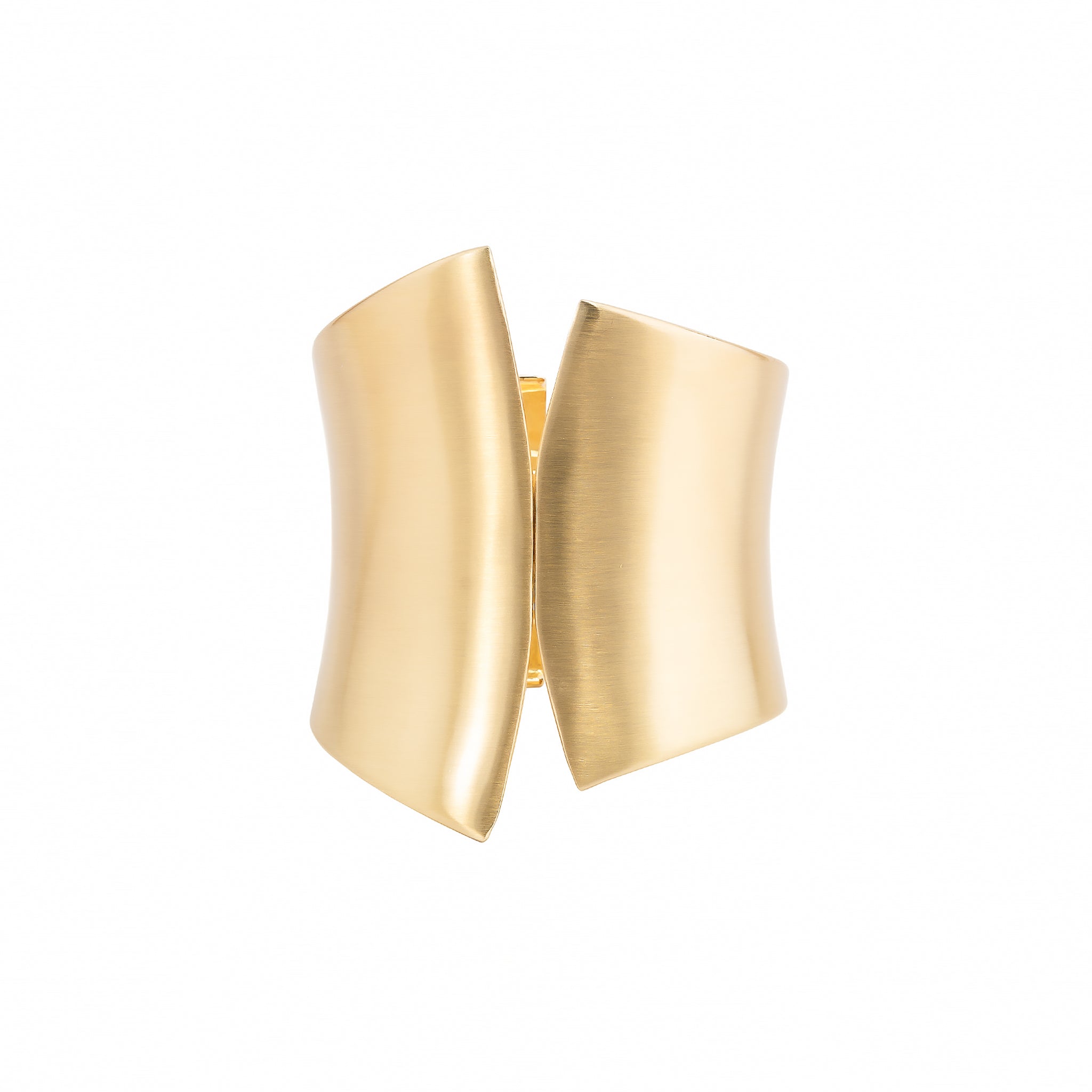 18K gold open cuff bracelet with a bold, curved design and brushed finish.