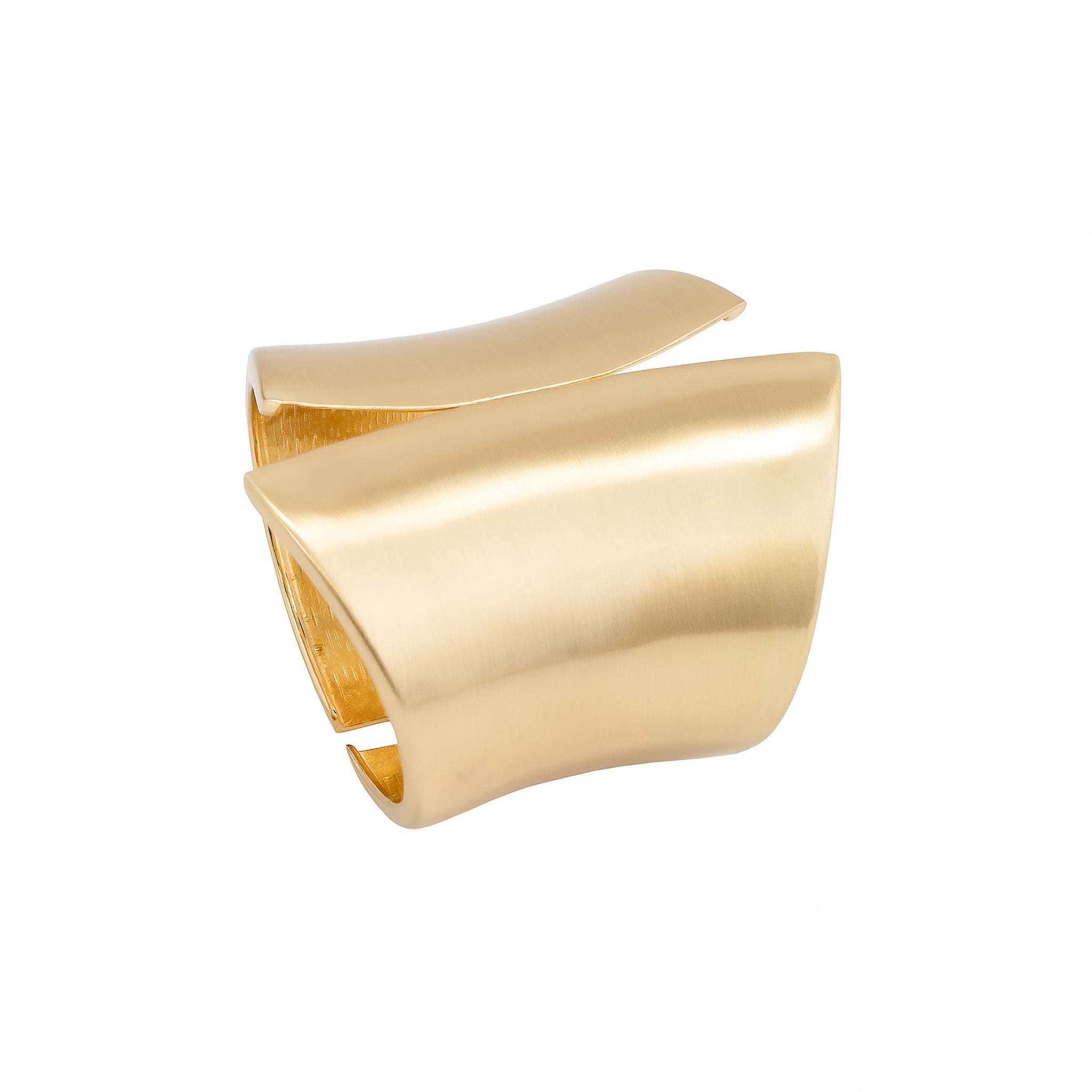 18K gold open cuff bracelet with a bold, curved design and brushed finish.