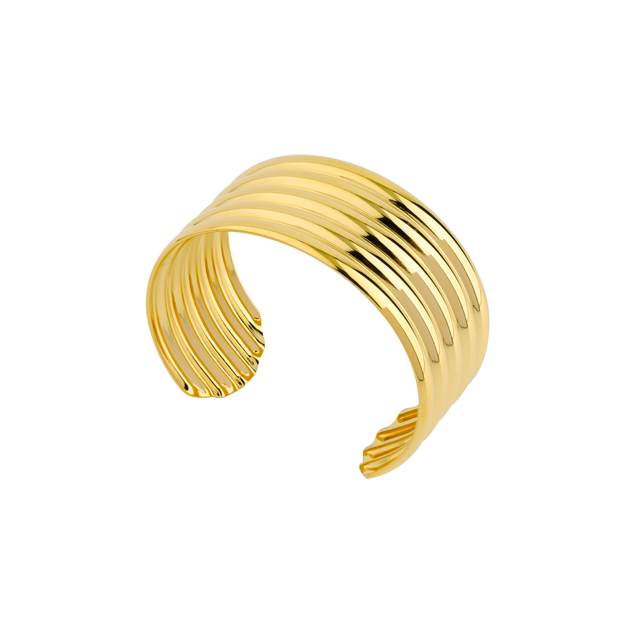 18K gold-plated cuff bracelet featuring a sleek, ribbed design with a high-polish finish, creating a statement accessory that exudes modern elegance.