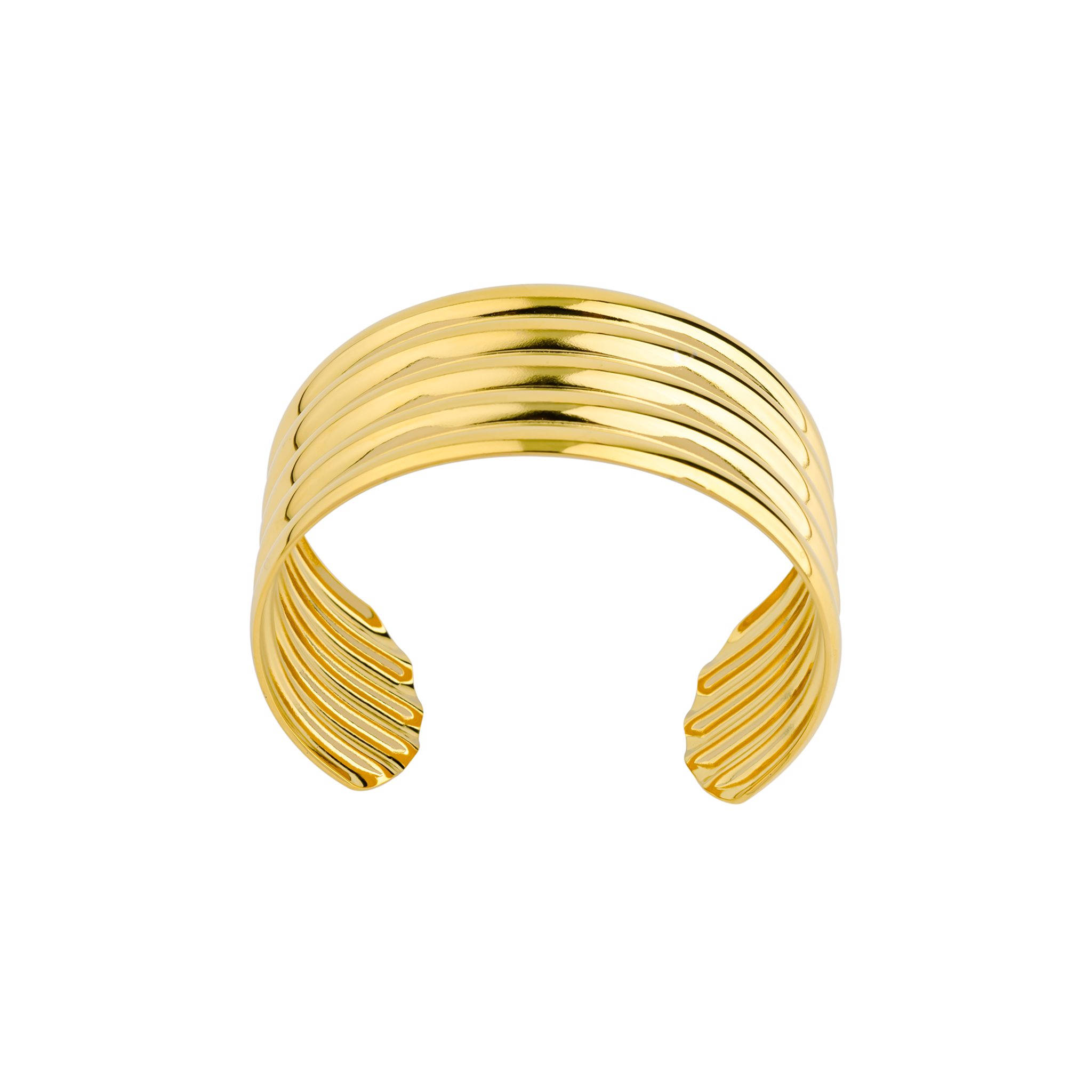 18K gold-plated cuff bracelet featuring a sleek, ribbed design with a high-polish finish, creating a statement accessory that exudes modern elegance.