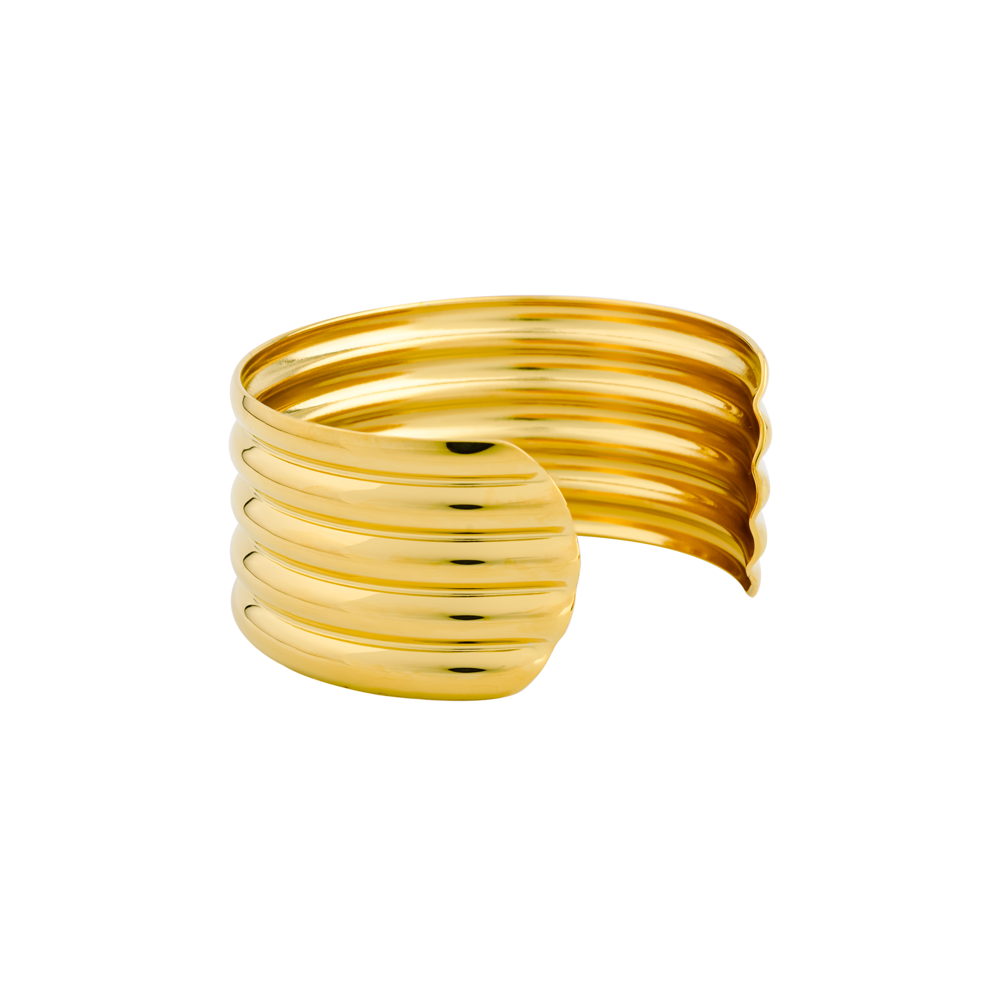 18K gold-plated cuff bracelet featuring a sleek, ribbed design with a high-polish finish, creating a statement accessory that exudes modern elegance.