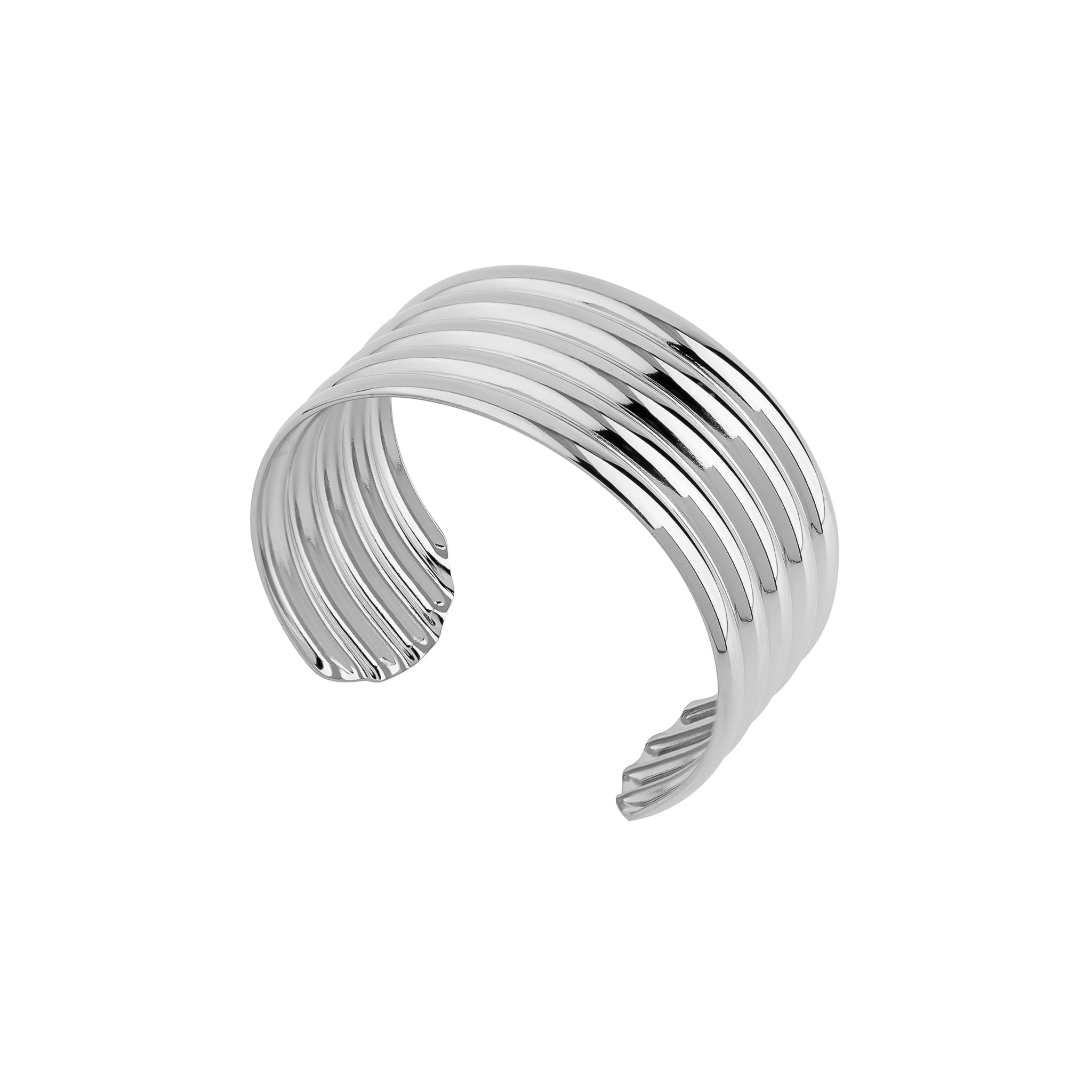 Silver plated cuff bracelet featuring a sleek, ribbed design with a high-polish finish, creating a statement accessory that exudes modern elegance.