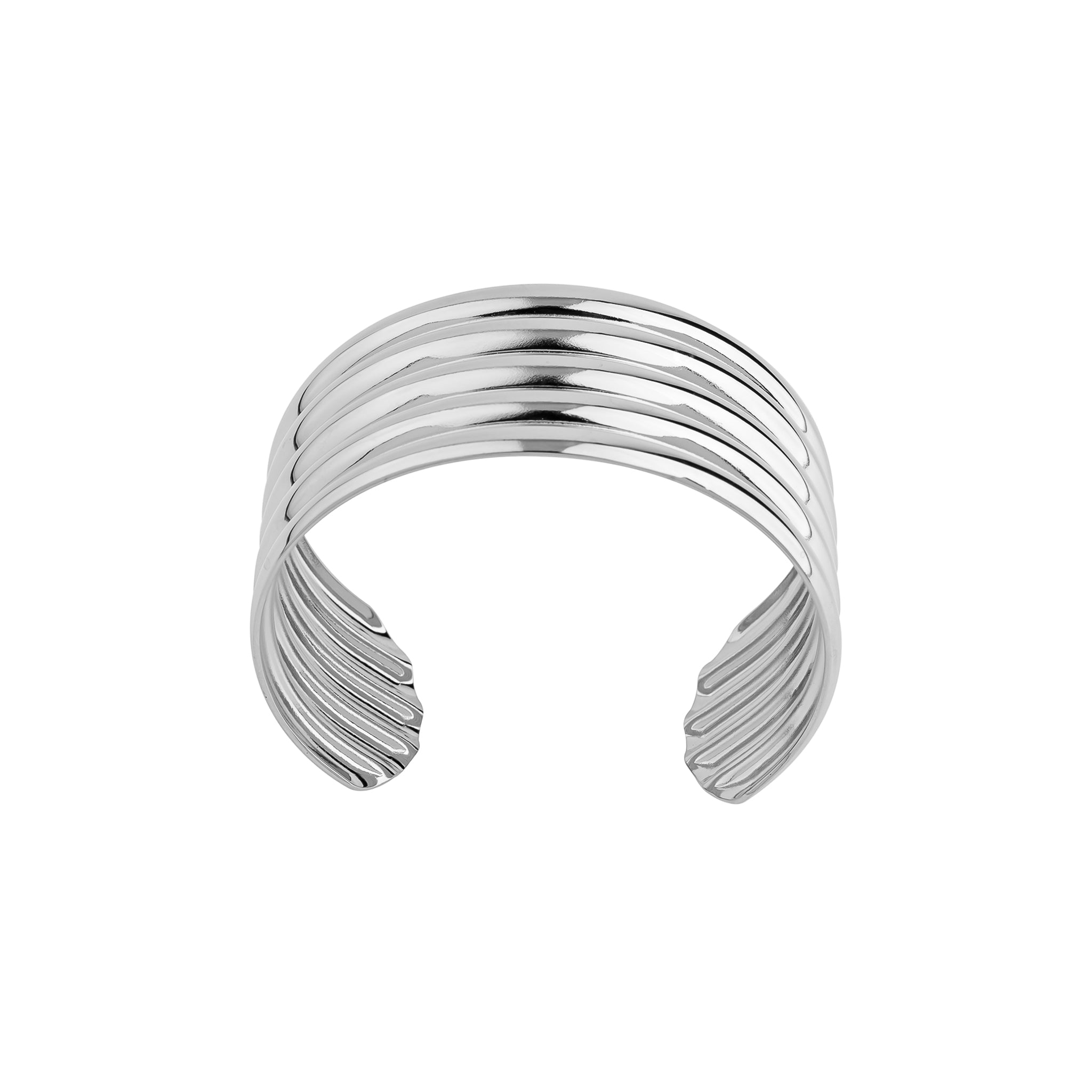 Silver plated cuff bracelet featuring a sleek, ribbed design with a high-polish finish, creating a statement accessory that exudes modern elegance.