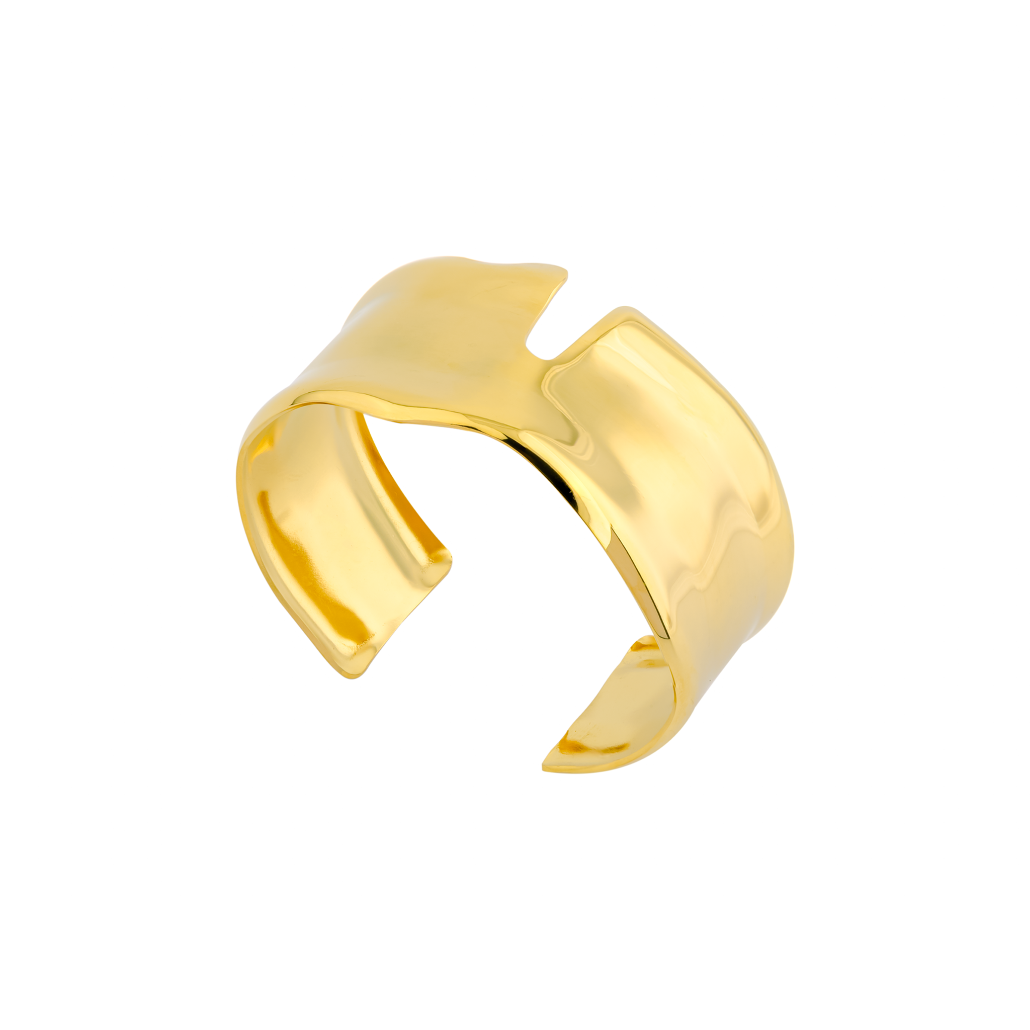 18K gold-plated open cuff bracelet with a modern, fluid silhouette and a high-shine, reflective finish.