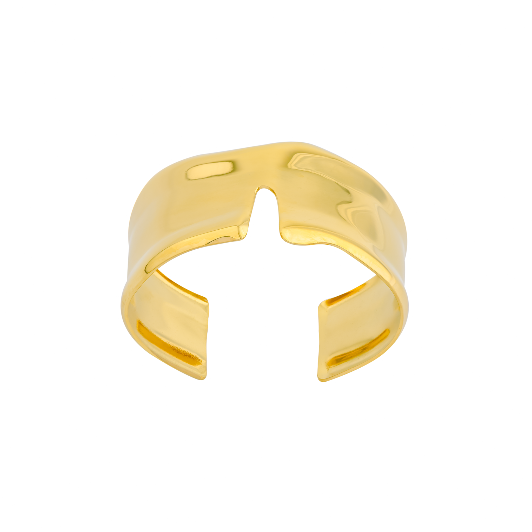 18K gold-plated open cuff bracelet with a modern, fluid silhouette and a high-shine, reflective finish.