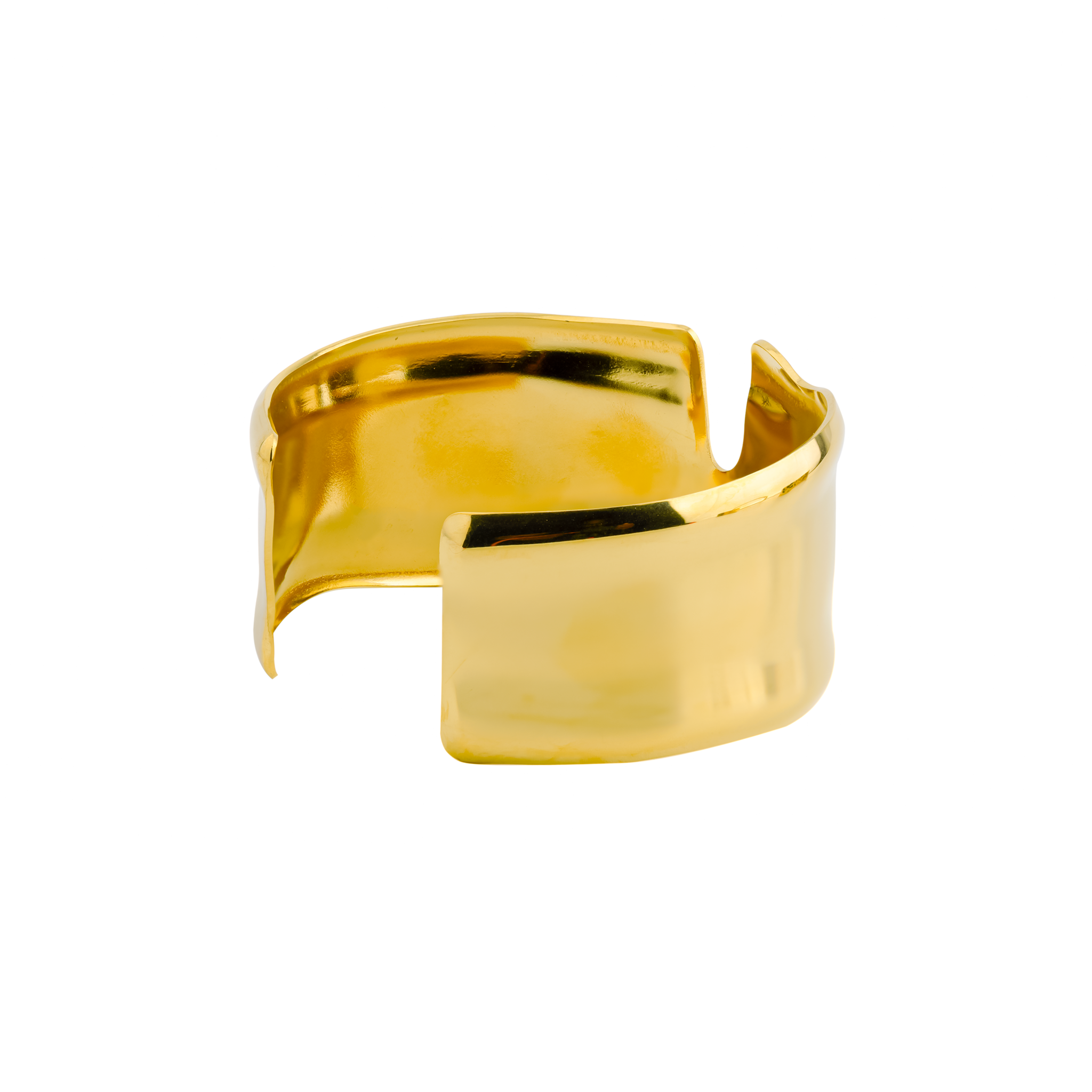 18K gold-plated open cuff bracelet with a modern, fluid silhouette and a high-shine, reflective finish.