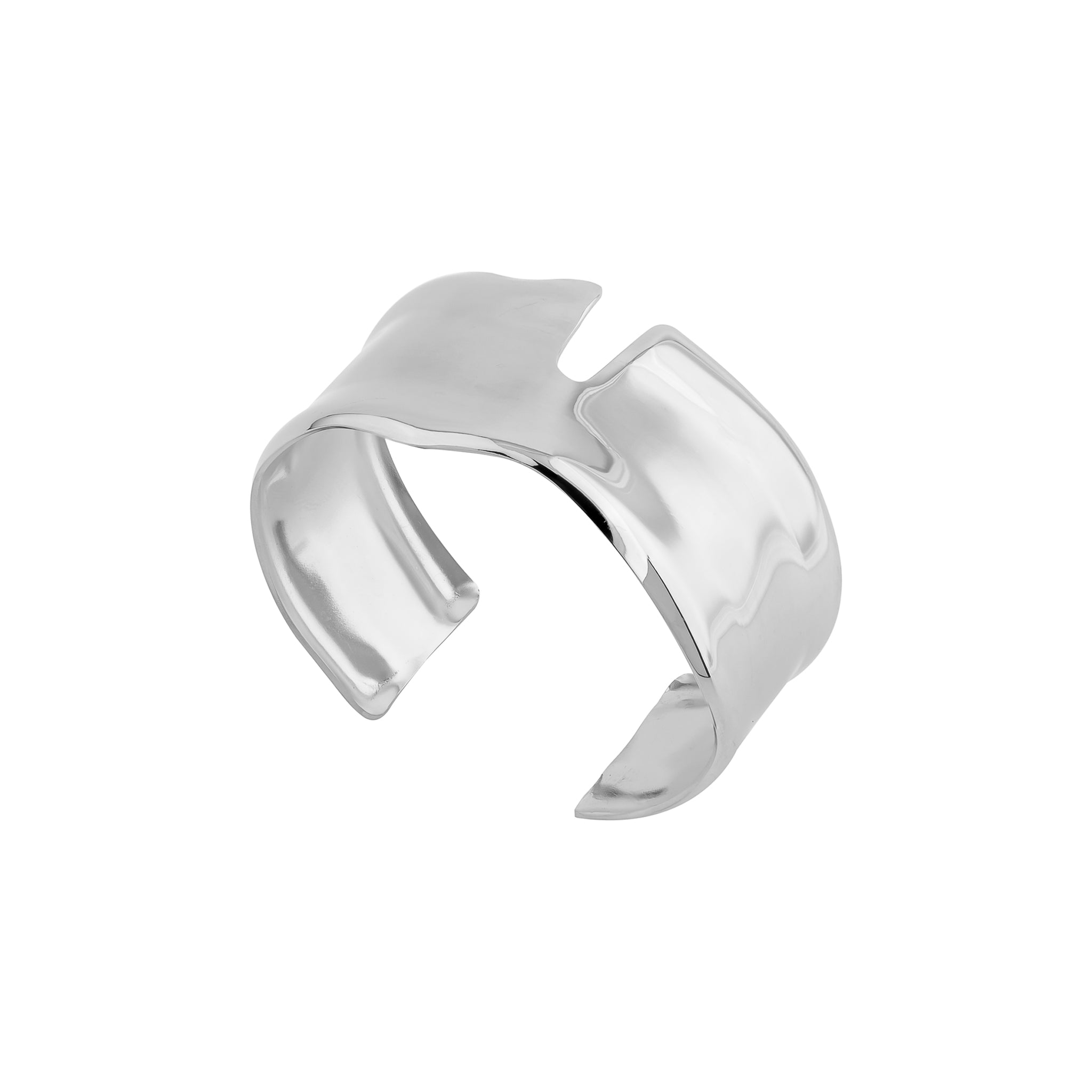 Silver plated open cuff bracelet with a modern, fluid silhouette and a high-shine, reflective finish.