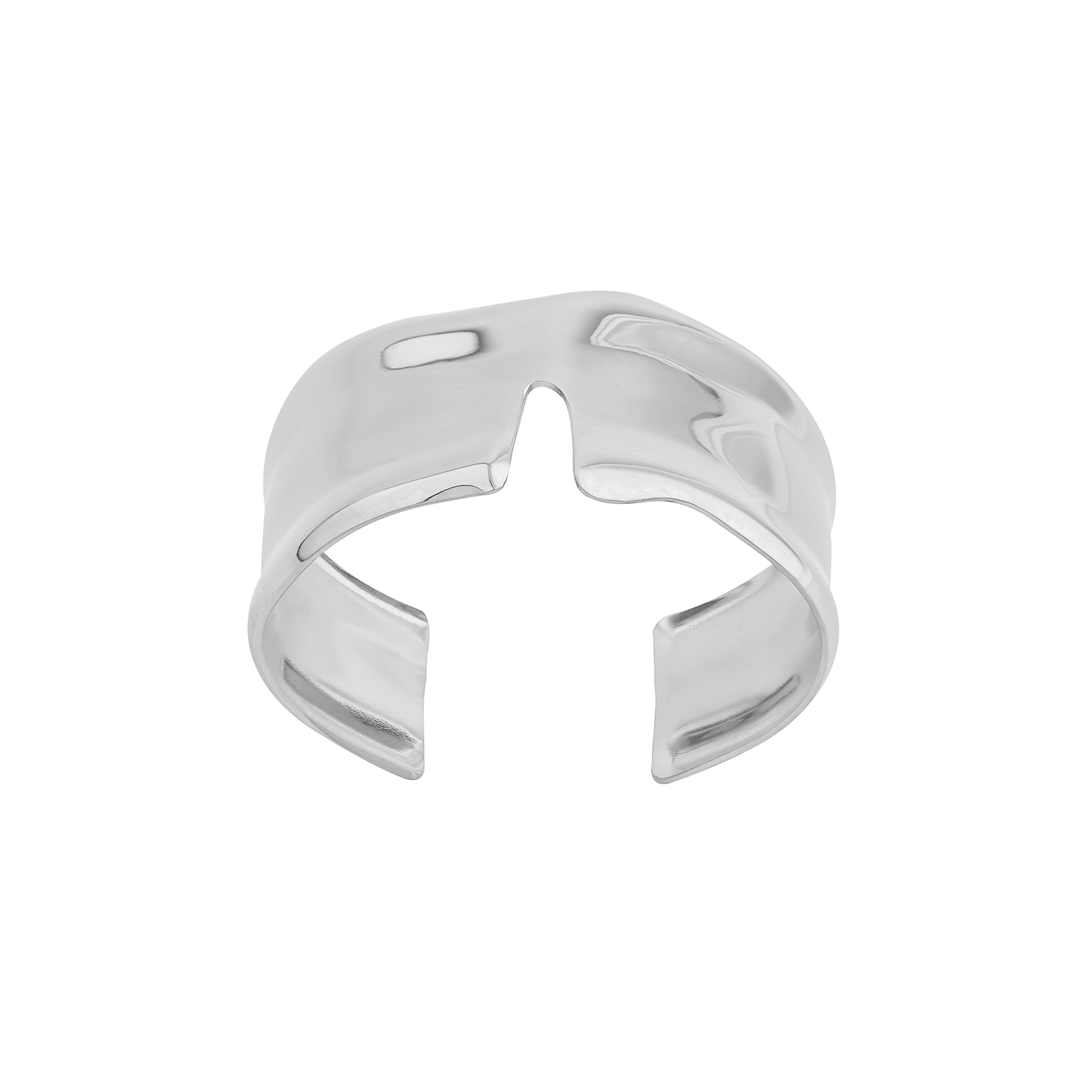 Silver plated open cuff bracelet with a modern, fluid silhouette and a high-shine, reflective finish.