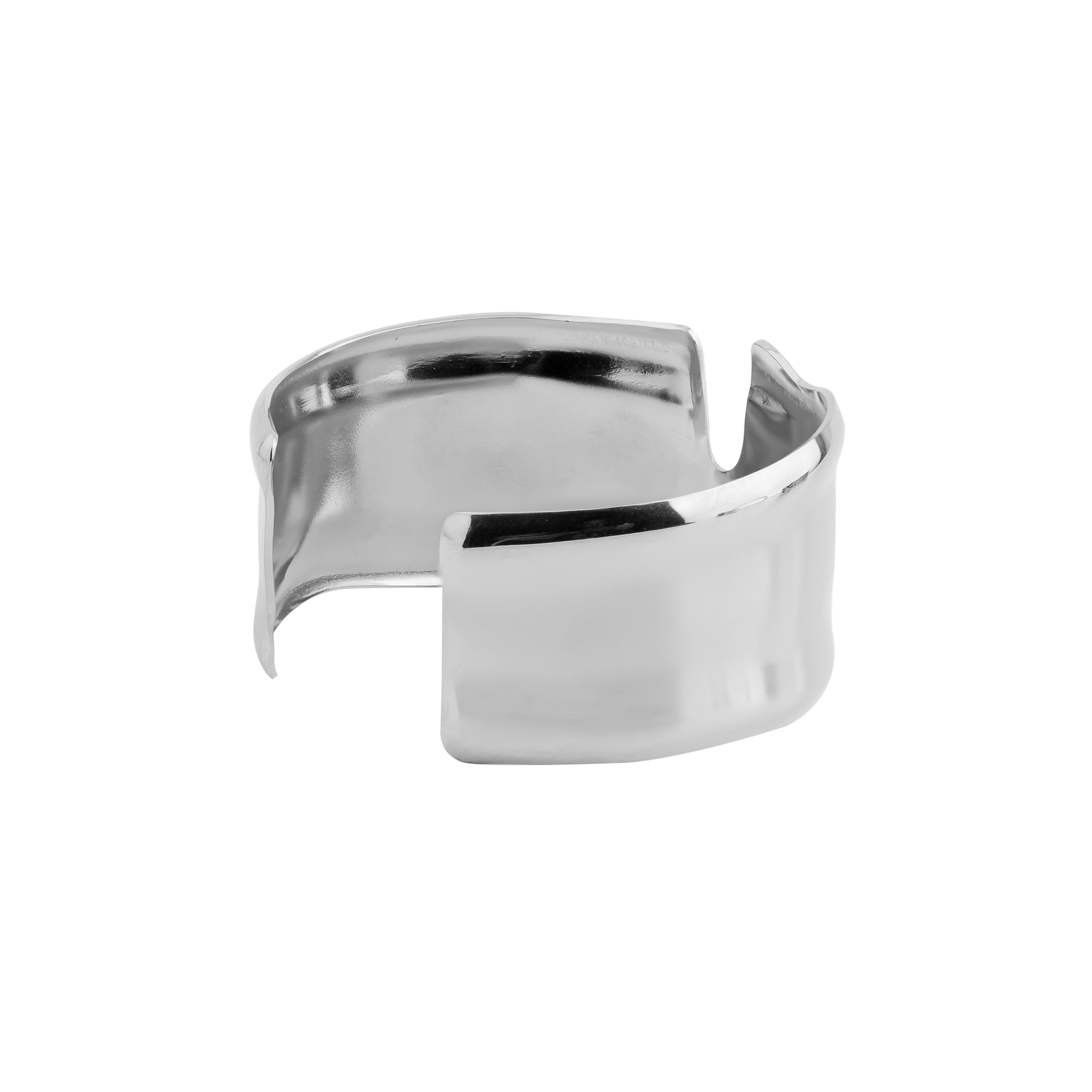 Silver plated open cuff bracelet with a modern, fluid silhouette and a high-shine, reflective finish.