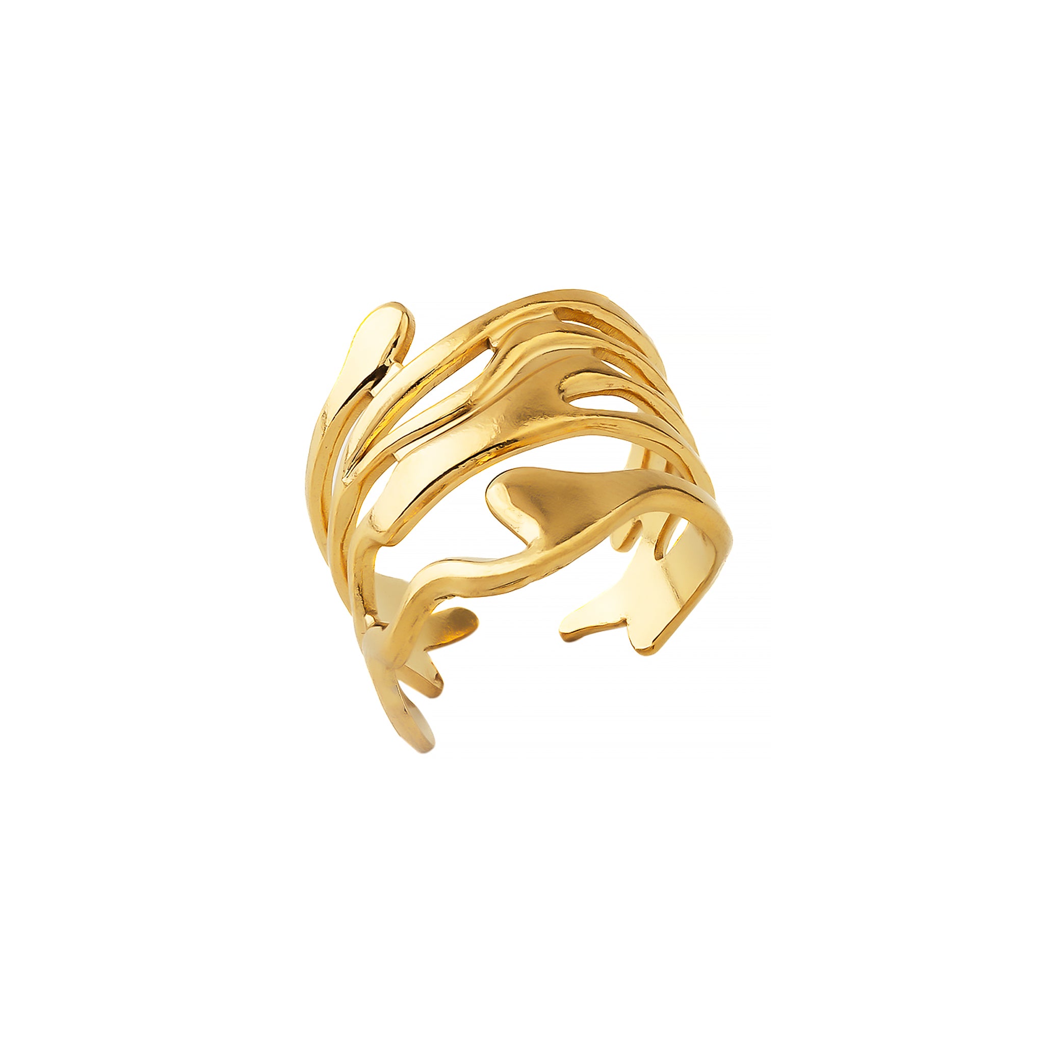 18K gold-plated abstract open ring featuring flowing, organic wave-like designs, creating a dynamic and artistic statement.