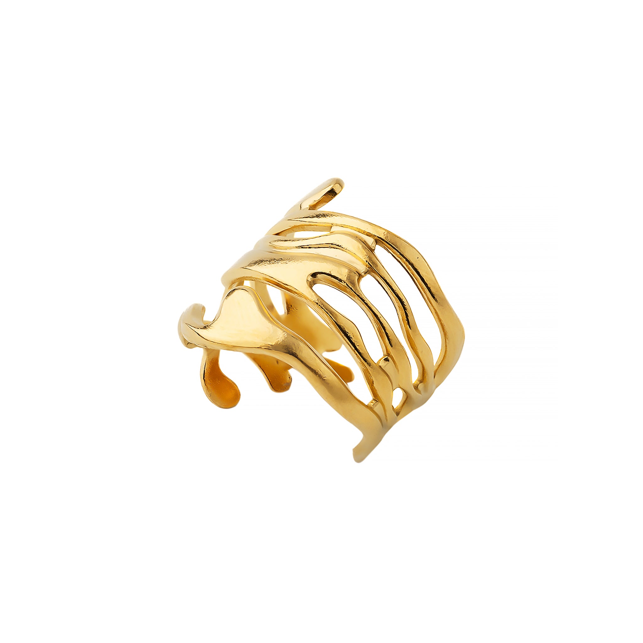 18K gold-plated abstract open ring featuring flowing, organic wave-like designs, creating a dynamic and artistic statement.