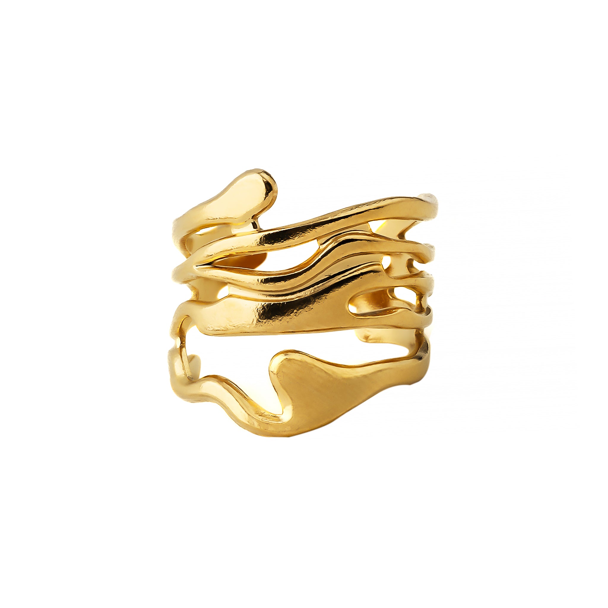 18K gold-plated abstract open ring featuring flowing, organic wave-like designs, creating a dynamic and artistic statement.