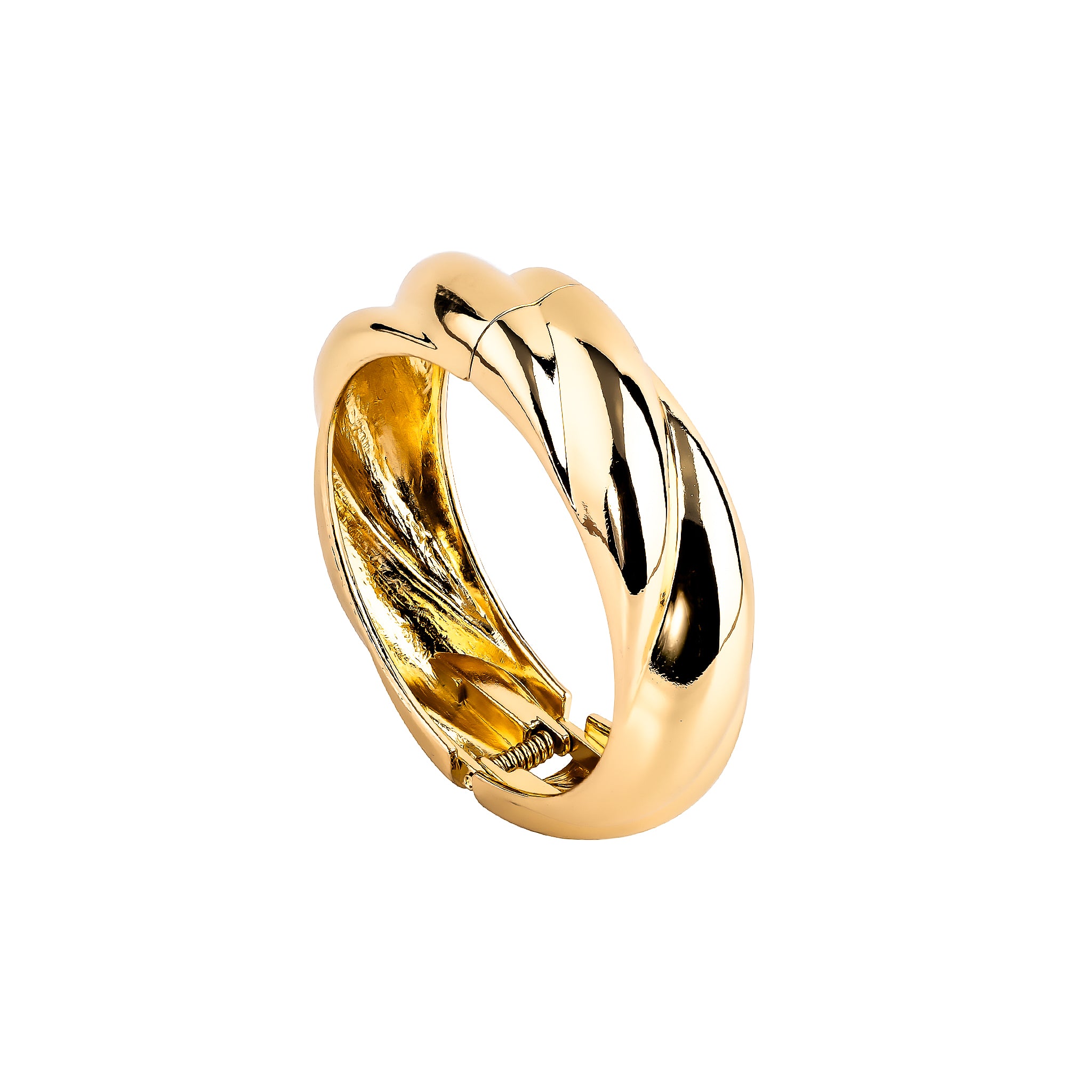 Gold-plated twisted bangle with a glossy finish and a hinge clasp, showcasing a bold and elegant braided design.
