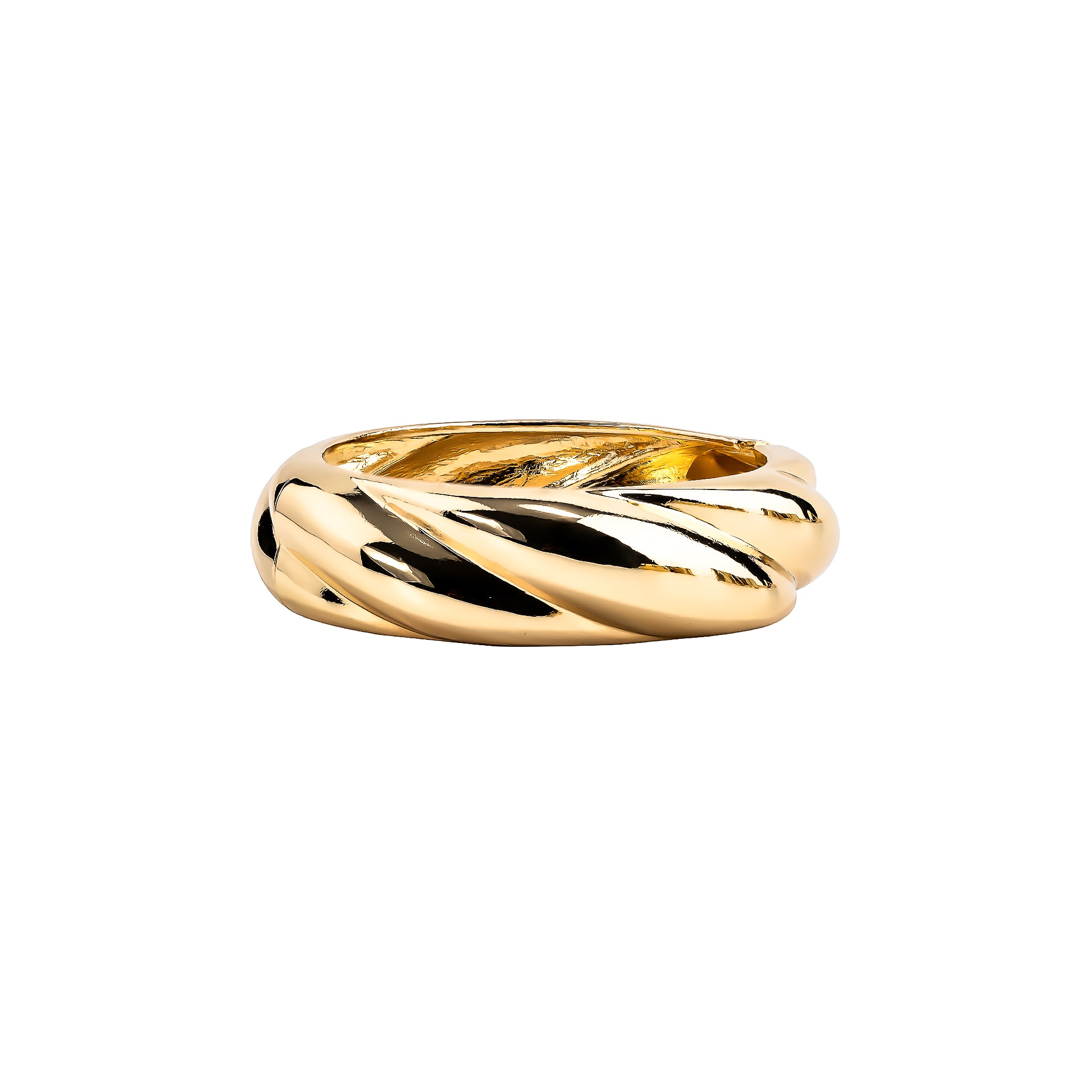 Gold-plated twisted bangle with a glossy finish and a hinge clasp, showcasing a bold and elegant braided design.