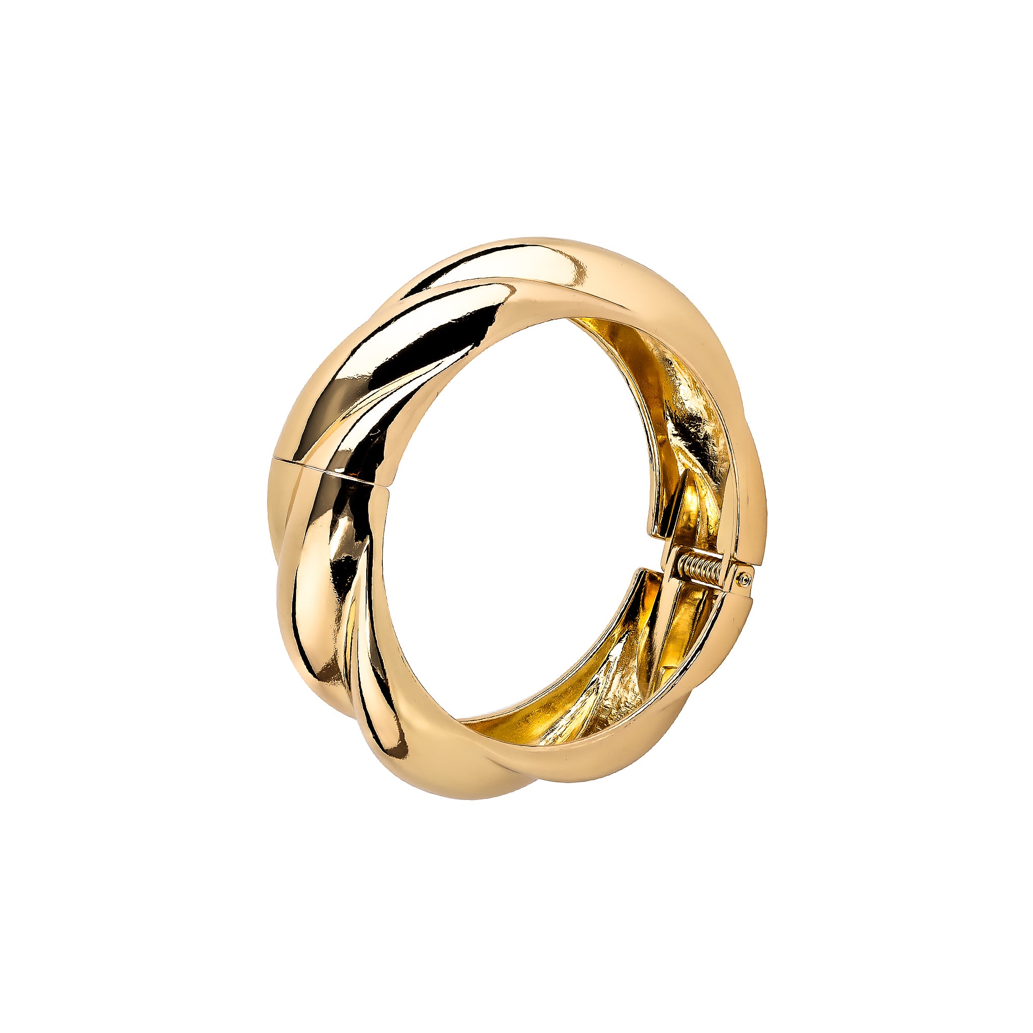 Gold-plated twisted bangle with a glossy finish and a hinge clasp, showcasing a bold and elegant braided design.