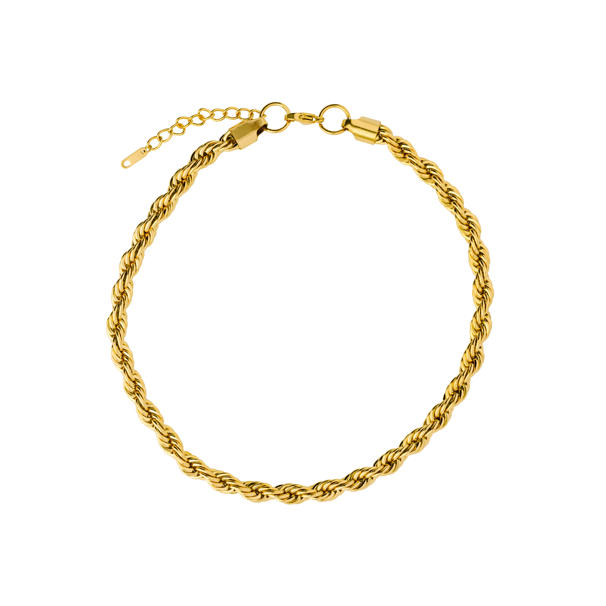18K gold-plated rope chain necklace featuring a twisted design and adjustable clasp closure.