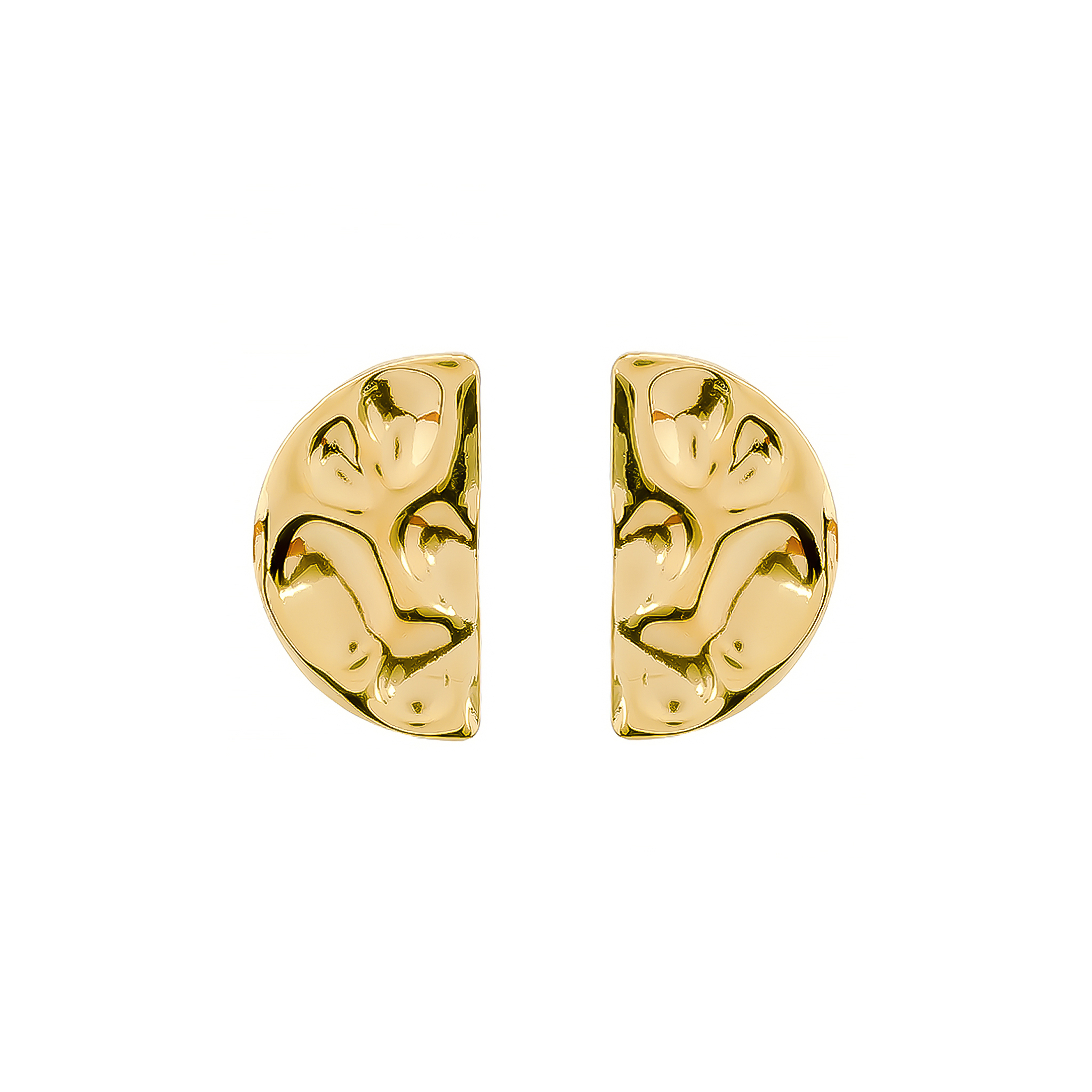 Pair of gold-plated abstract half-moon earrings with a polished, textured design and sculptural detailing.