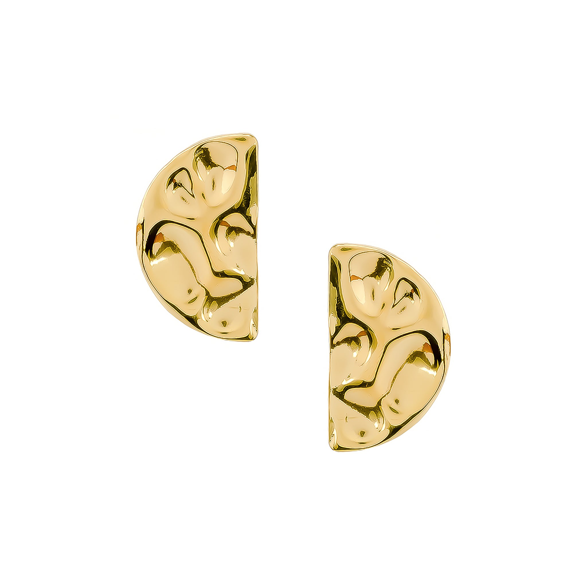 Pair of gold-plated abstract half-moon earrings with a polished, textured design and sculptural detailing.