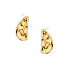 Pair of gold-plated abstract half-moon earrings with a polished, textured design and sculptural detailing.