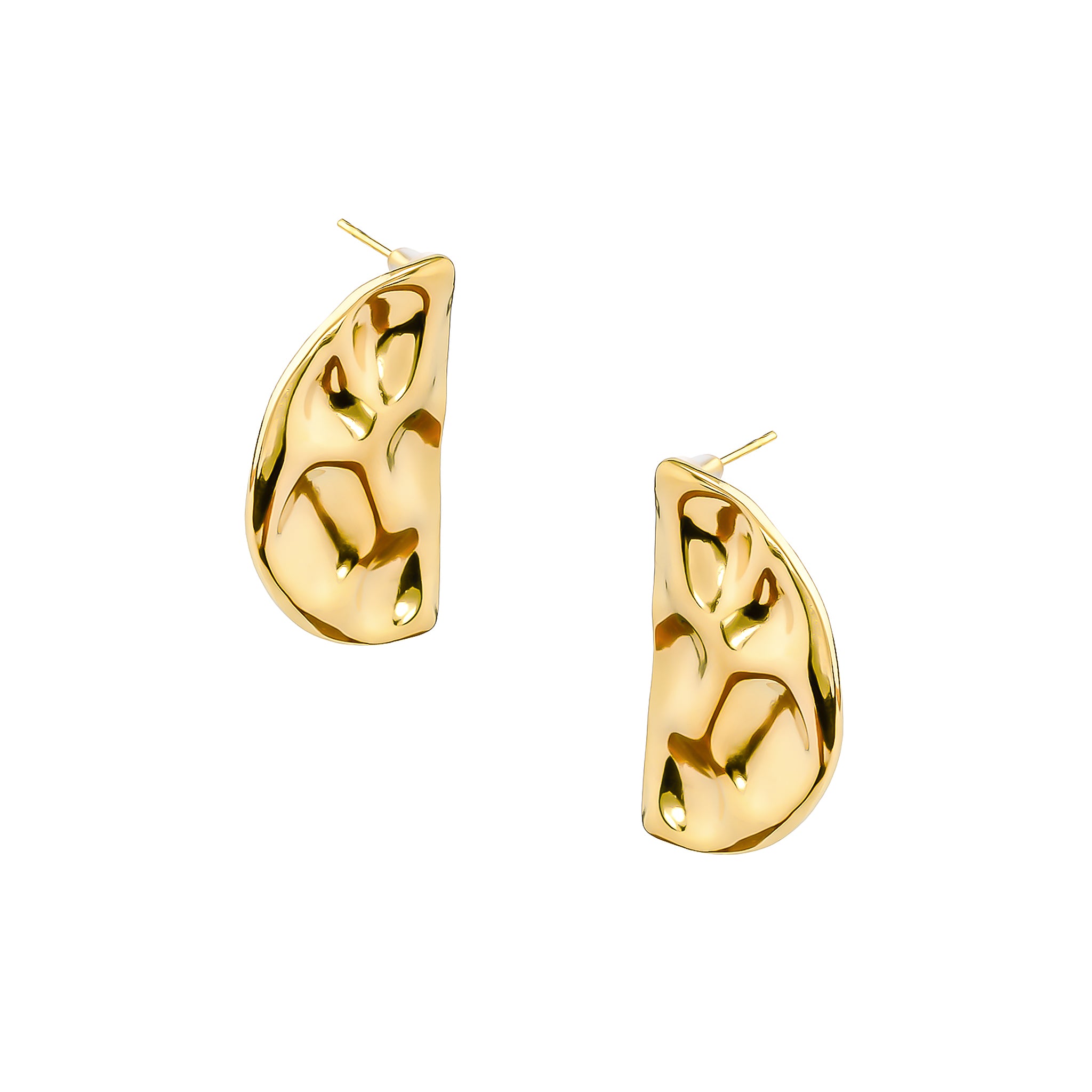 Pair of gold-plated abstract half-moon earrings with a polished, textured design and sculptural detailing.