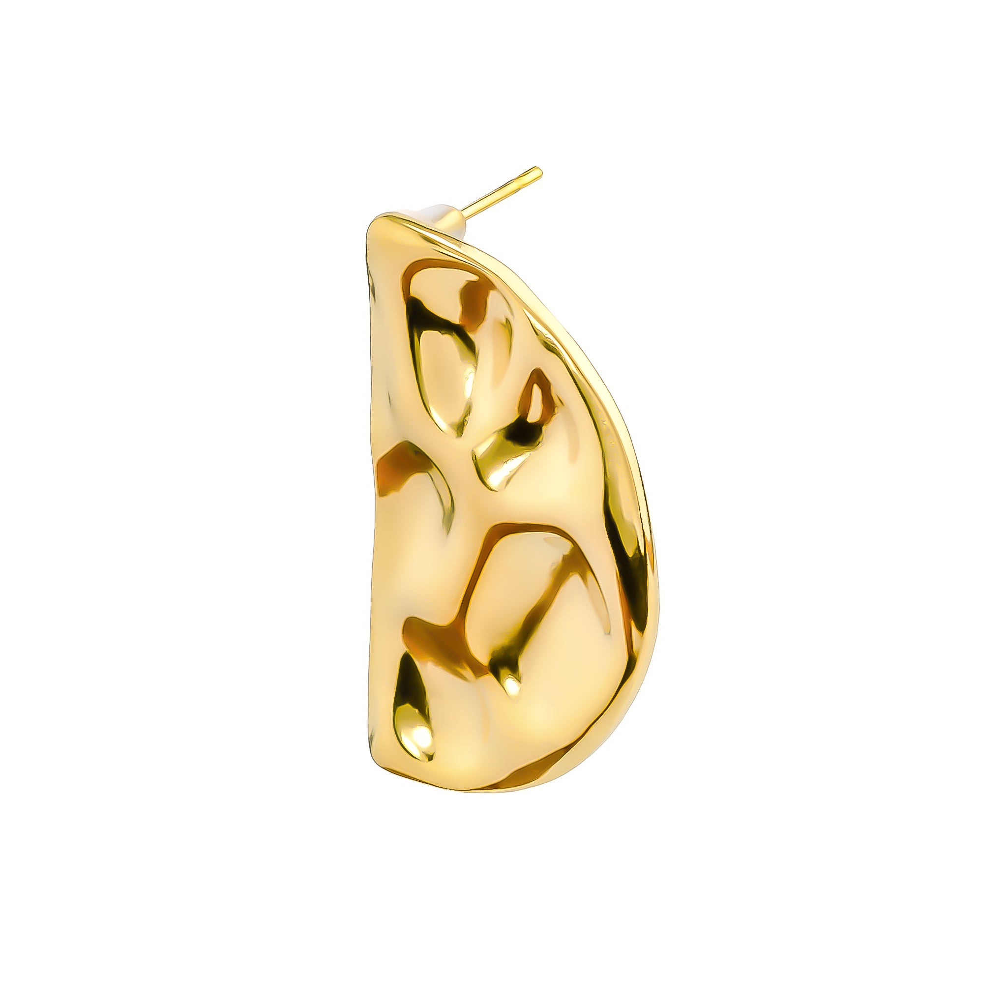 Gold-plated abstract half-moon earrings with a polished, textured design and sculptural detailing.