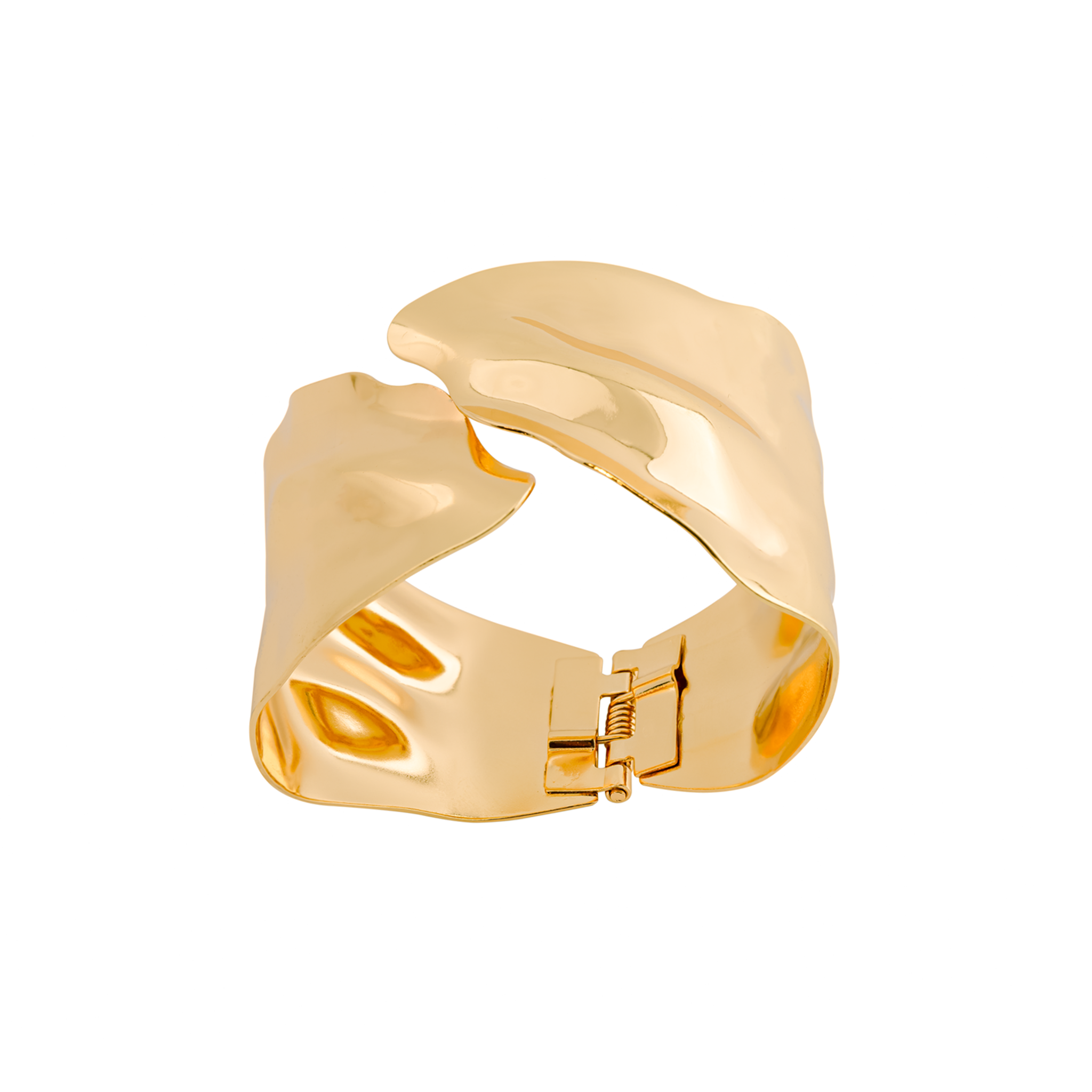 18K gold-plated cuff bracelet with an abstract wavy design, featuring a smooth, glossy finish and a hinge closure.