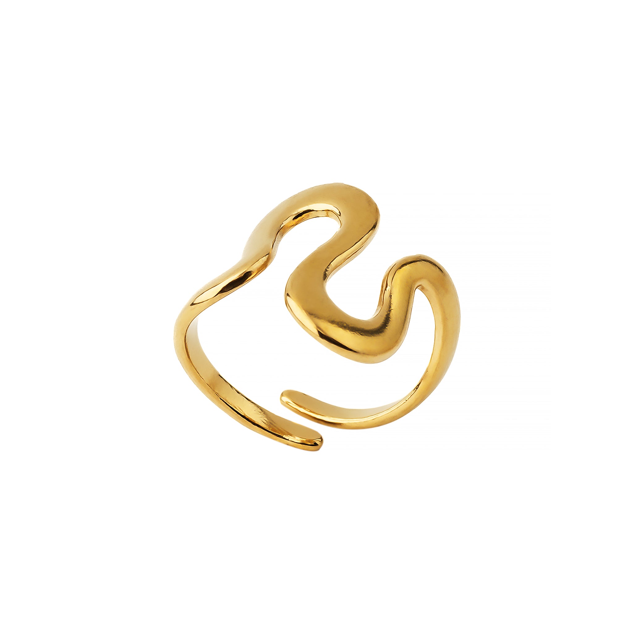 18K gold-plated abstract wave ring featuring a flowing and open-ended design with smooth curves, showcasing modern elegance.