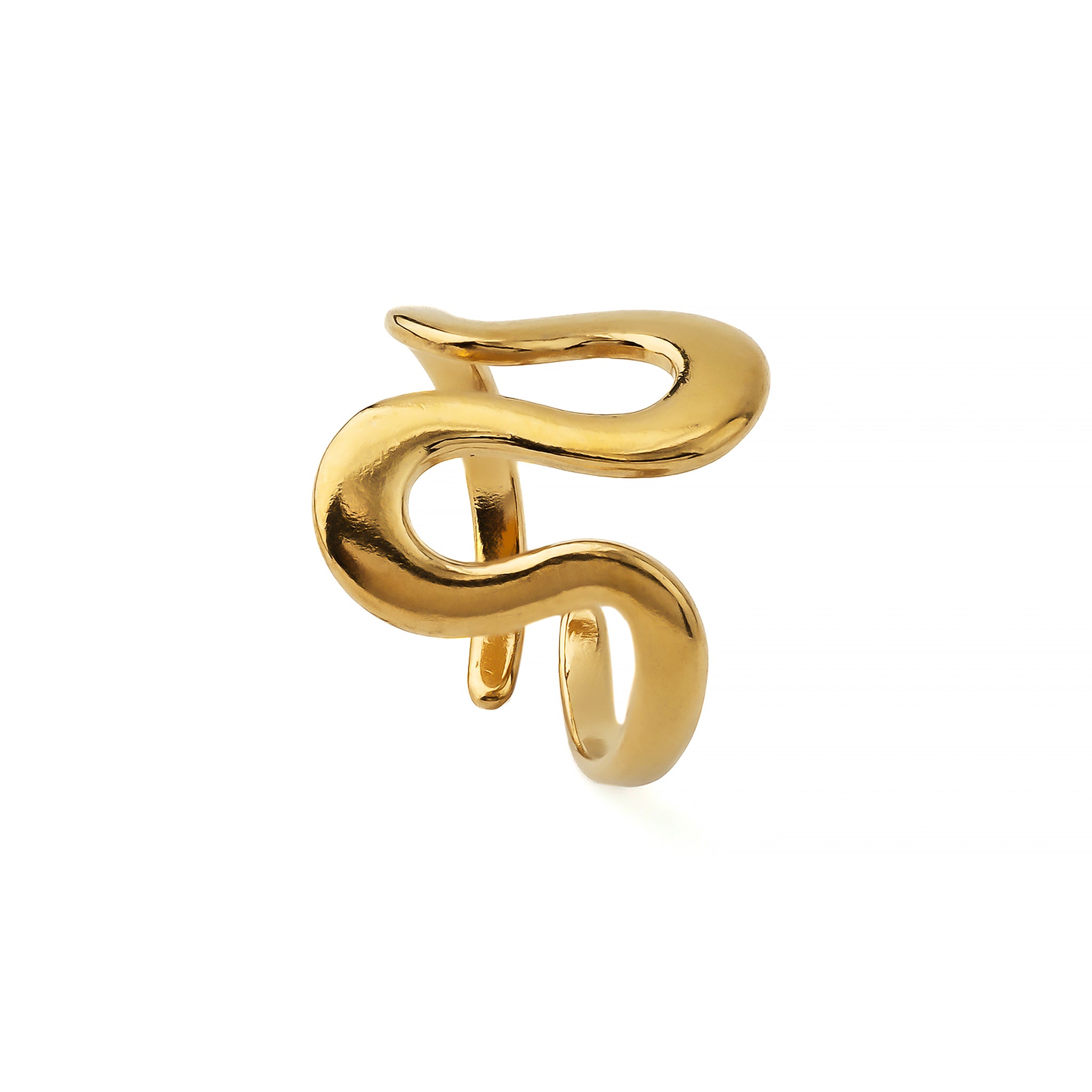 18K gold-plated abstract wave ring featuring a flowing and open-ended design with smooth curves, showcasing modern elegance.