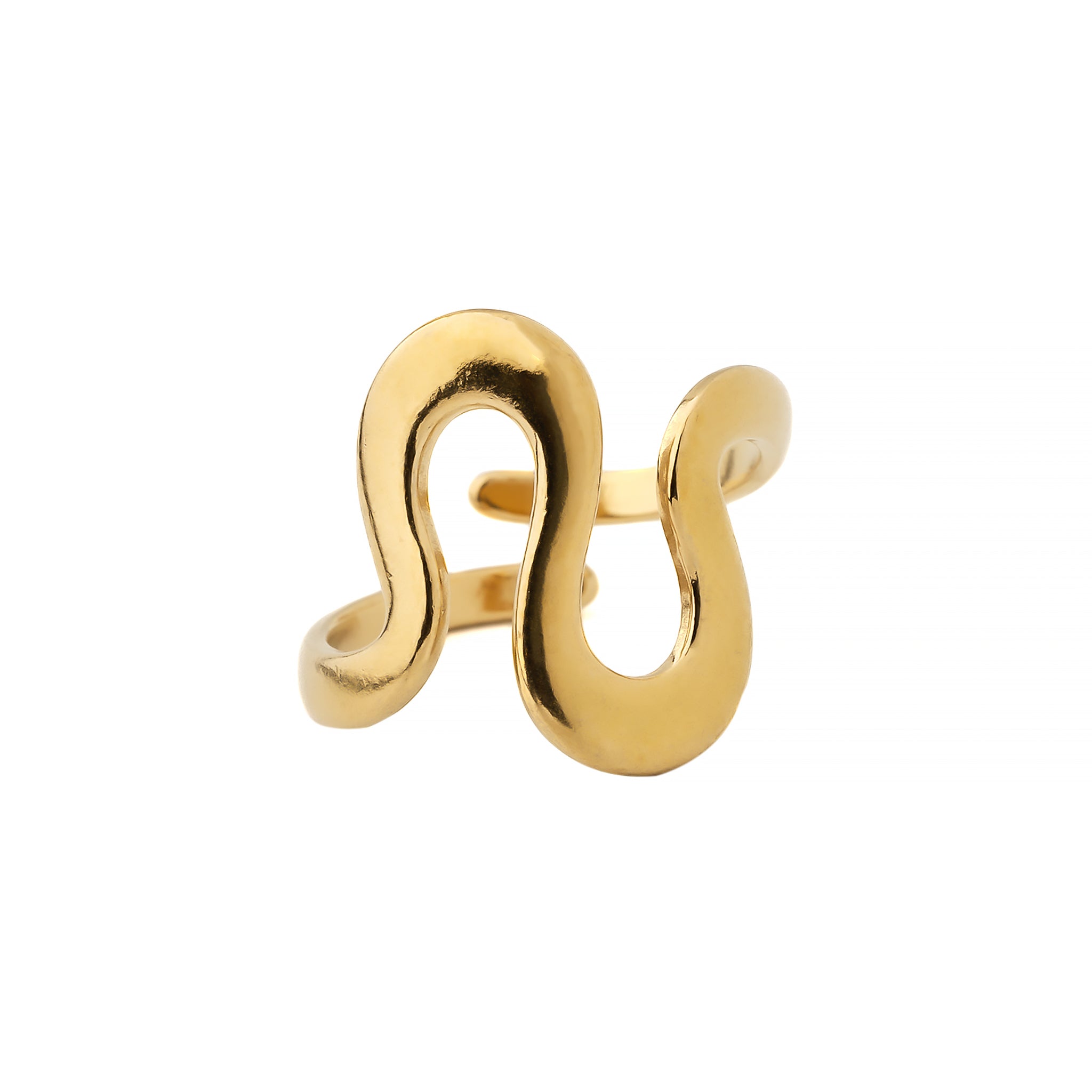 18K gold-plated abstract wave ring featuring a flowing and open-ended design with smooth curves, showcasing modern elegance.