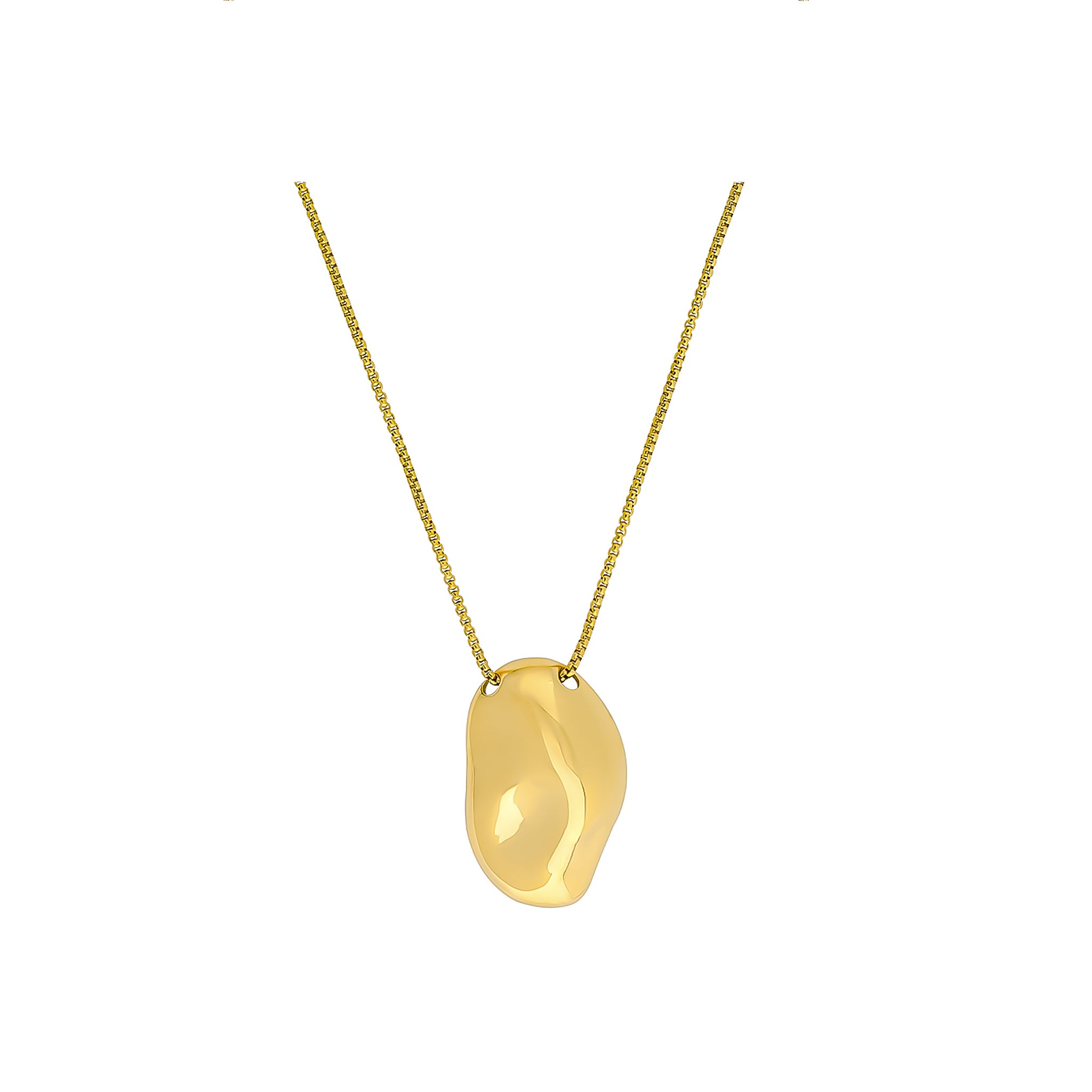 18K gold-plated minimalist necklace featuring a smooth, organic-shaped pendant on a sleek box chain.
