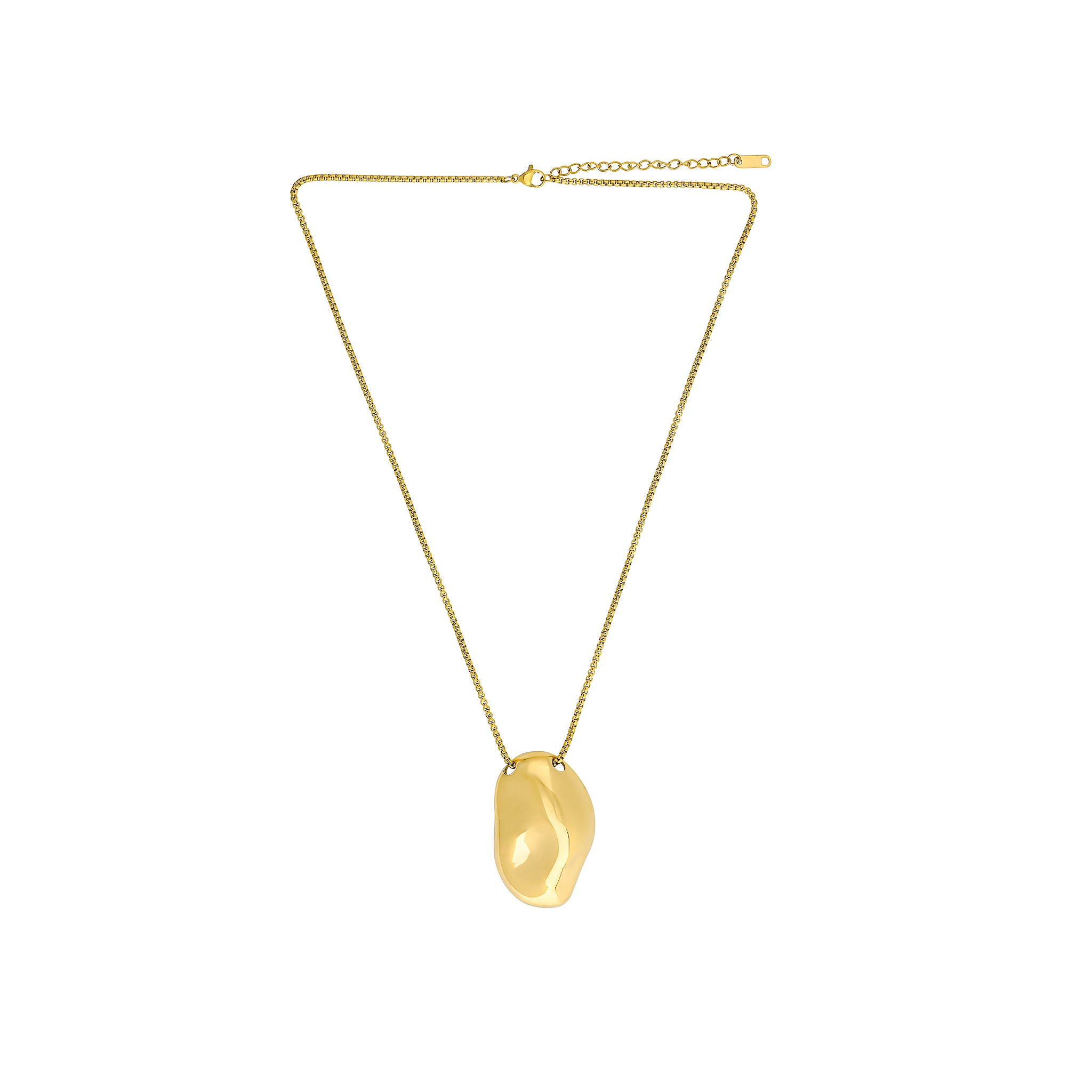 18K gold-plated minimalist necklace featuring a smooth, organic-shaped pendant on a sleek box chain.