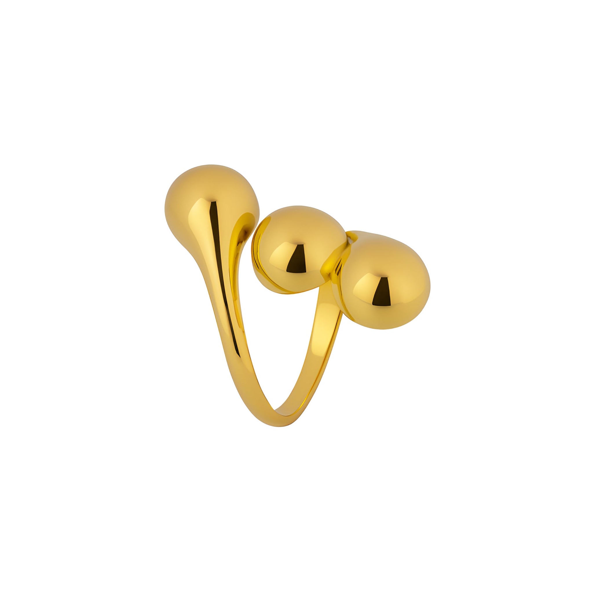 Gold ring with three spherical elements on a white background