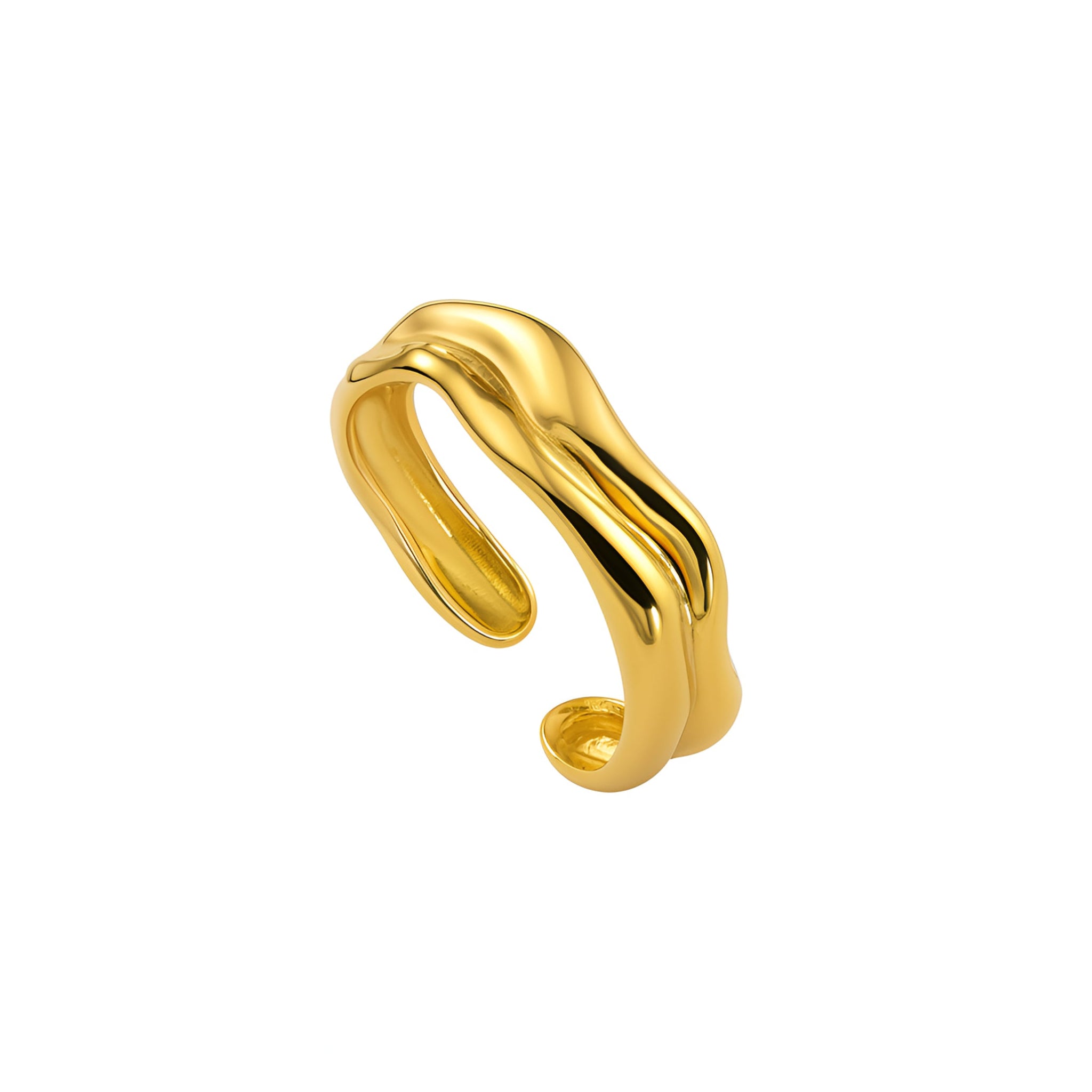 Gold ring with a wavy design on a white background