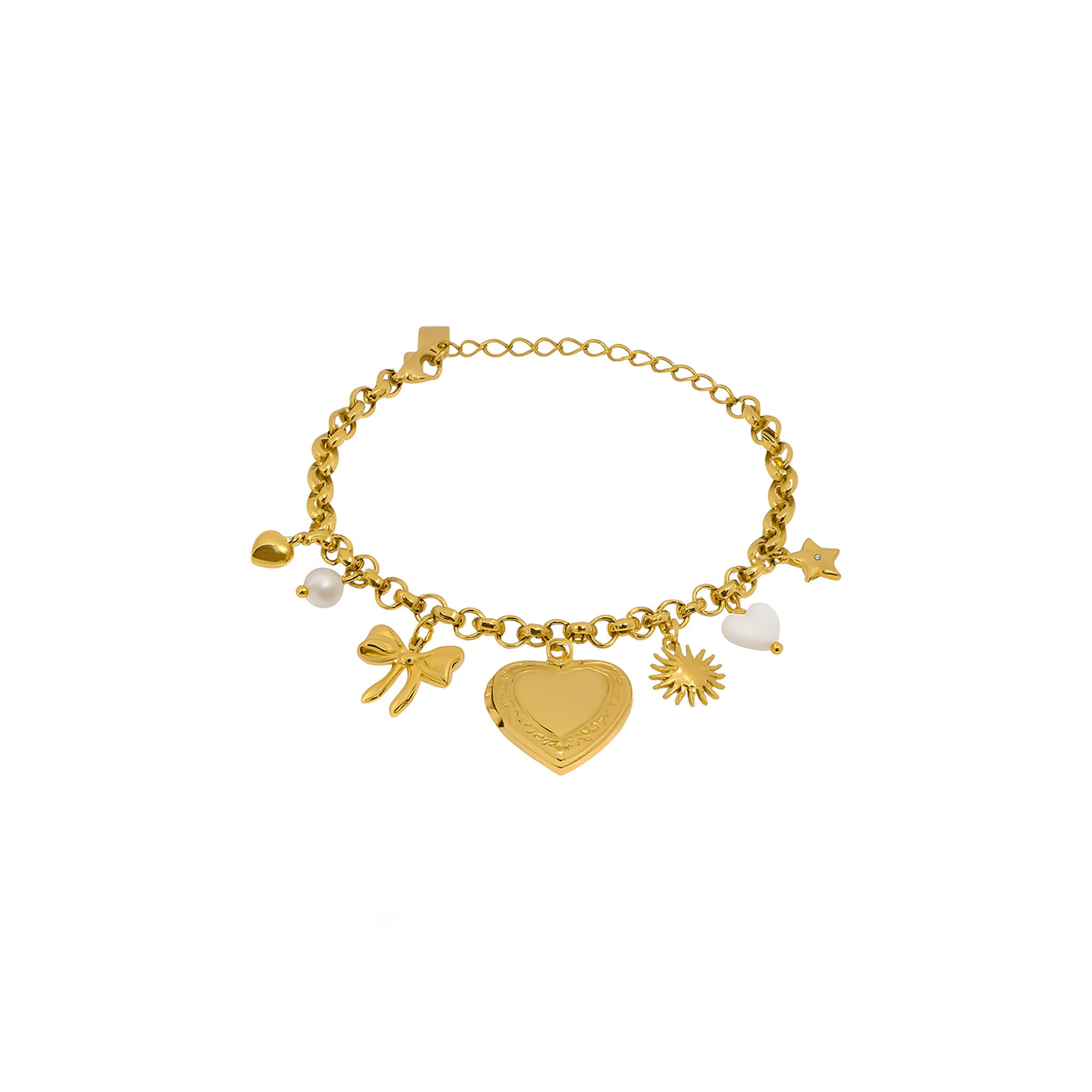 Gold bracelet with various charms on a white background