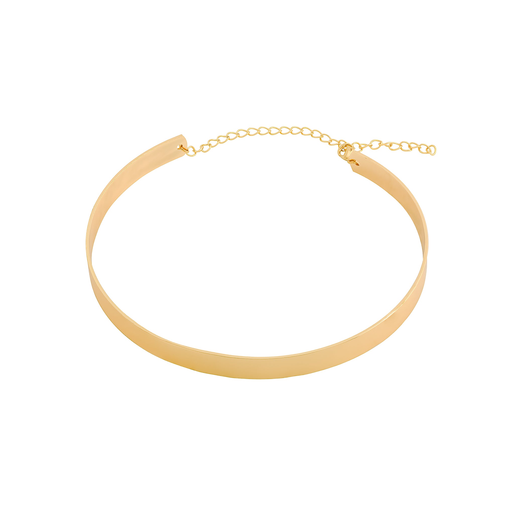A sleek, polished gold choker with a smooth, reflective surface and a delicate adjustable chain clasp, shown on a white background.